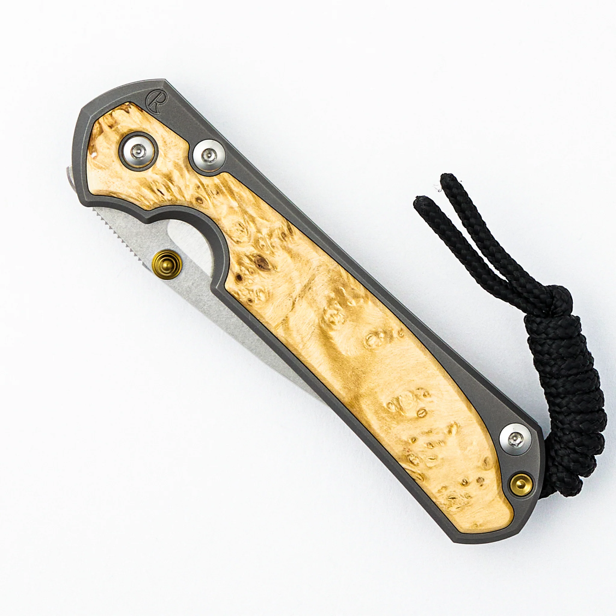 Small Sebenza 31 - Box Elder Inlay - Drop Point Polished CPM MagnaCut Blade - Gold Double Thumb Lugs - Image 10