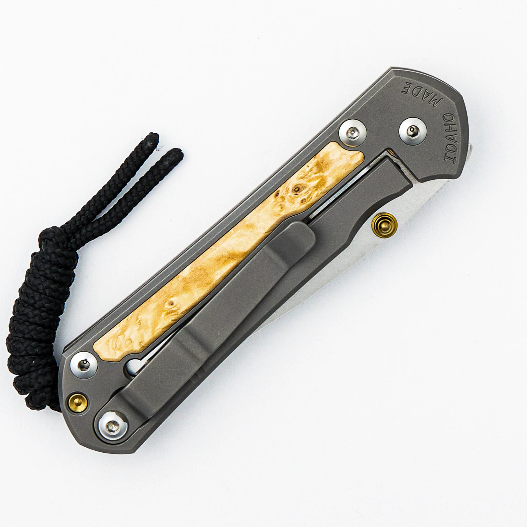 Small Sebenza 31 - Box Elder Inlay - Drop Point Polished CPM MagnaCut Blade - Gold Double Thumb Lugs - Image 11