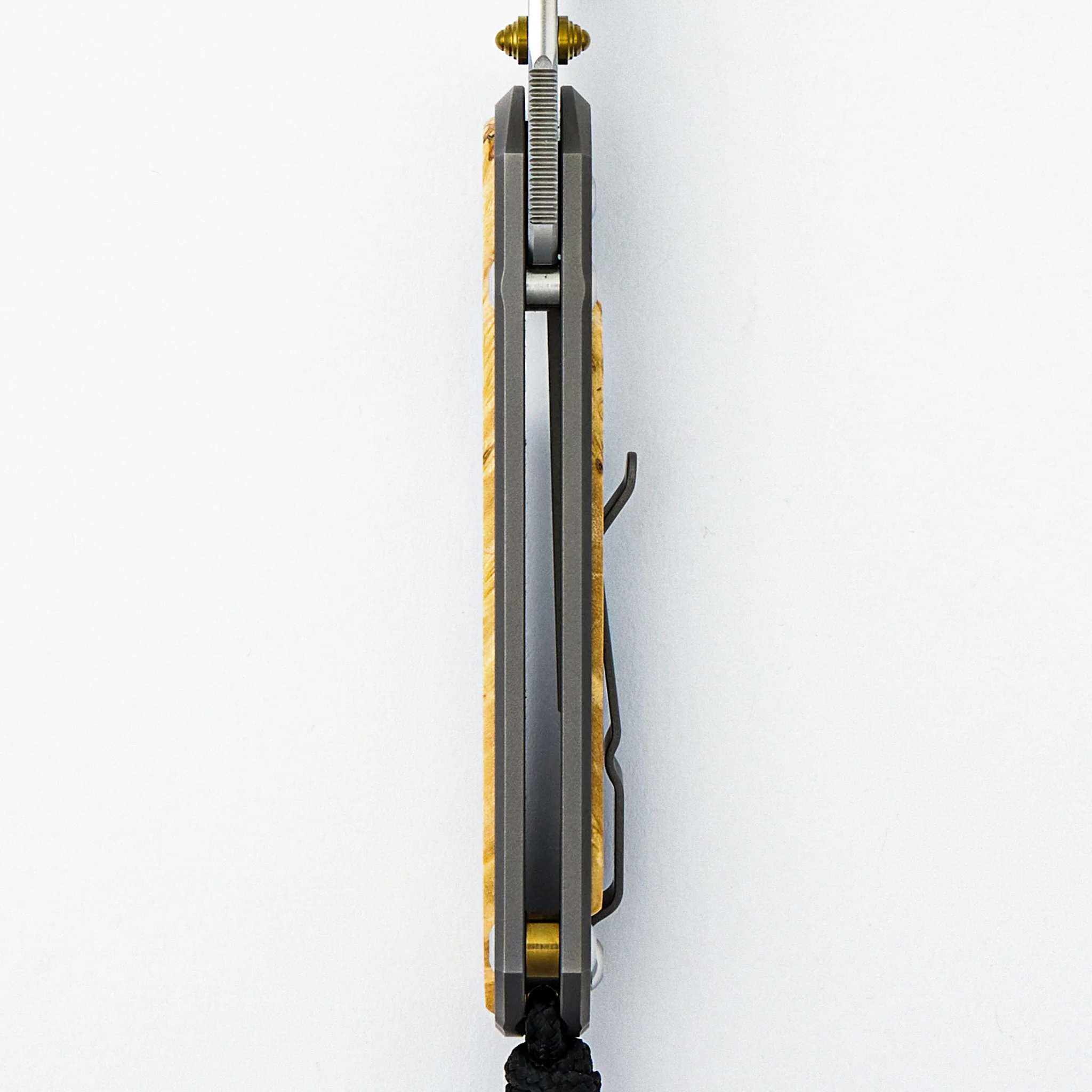 Small Sebenza 31 - Box Elder Inlay - Drop Point Polished CPM MagnaCut Blade - Gold Double Thumb Lugs - Image 14