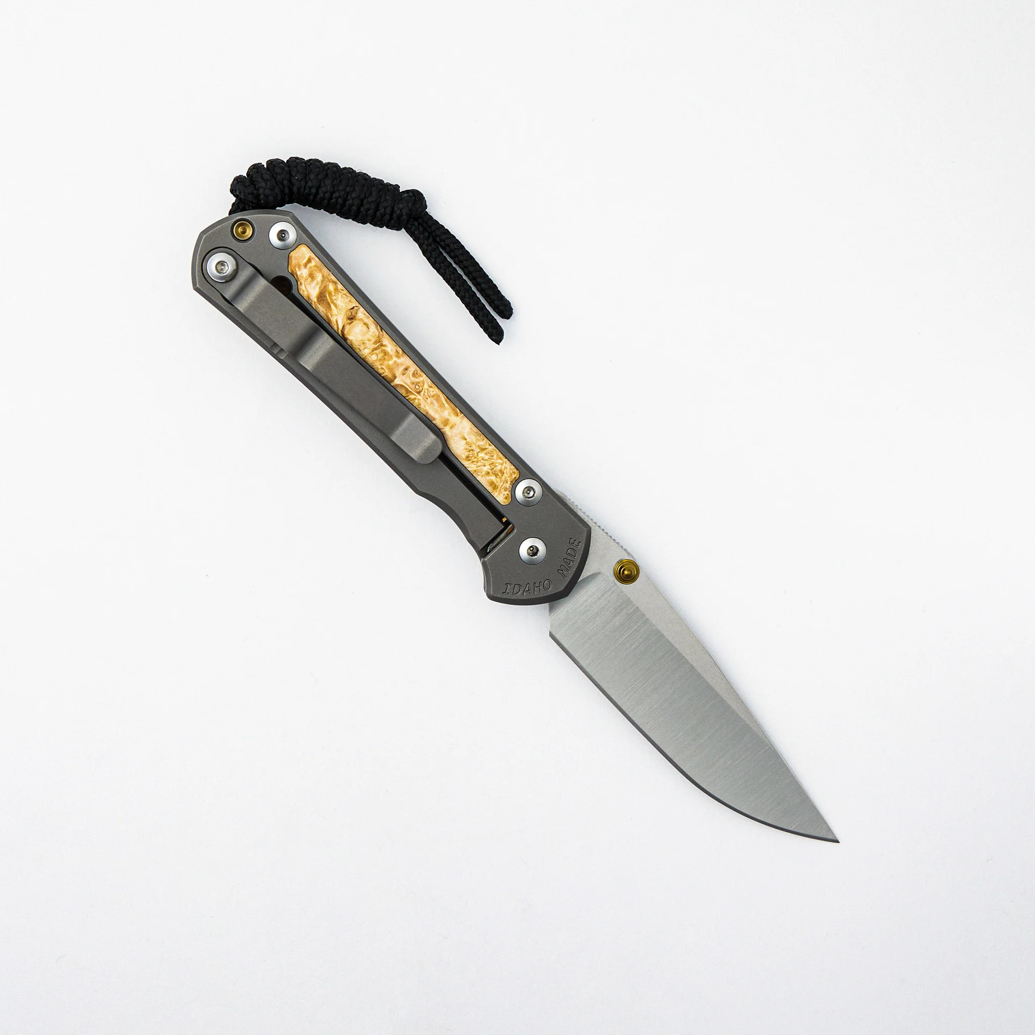 Small Sebenza 31 - Box Elder Inlay - Drop Point Polished CPM MagnaCut Blade - Gold Double Thumb Lugs - Image 16