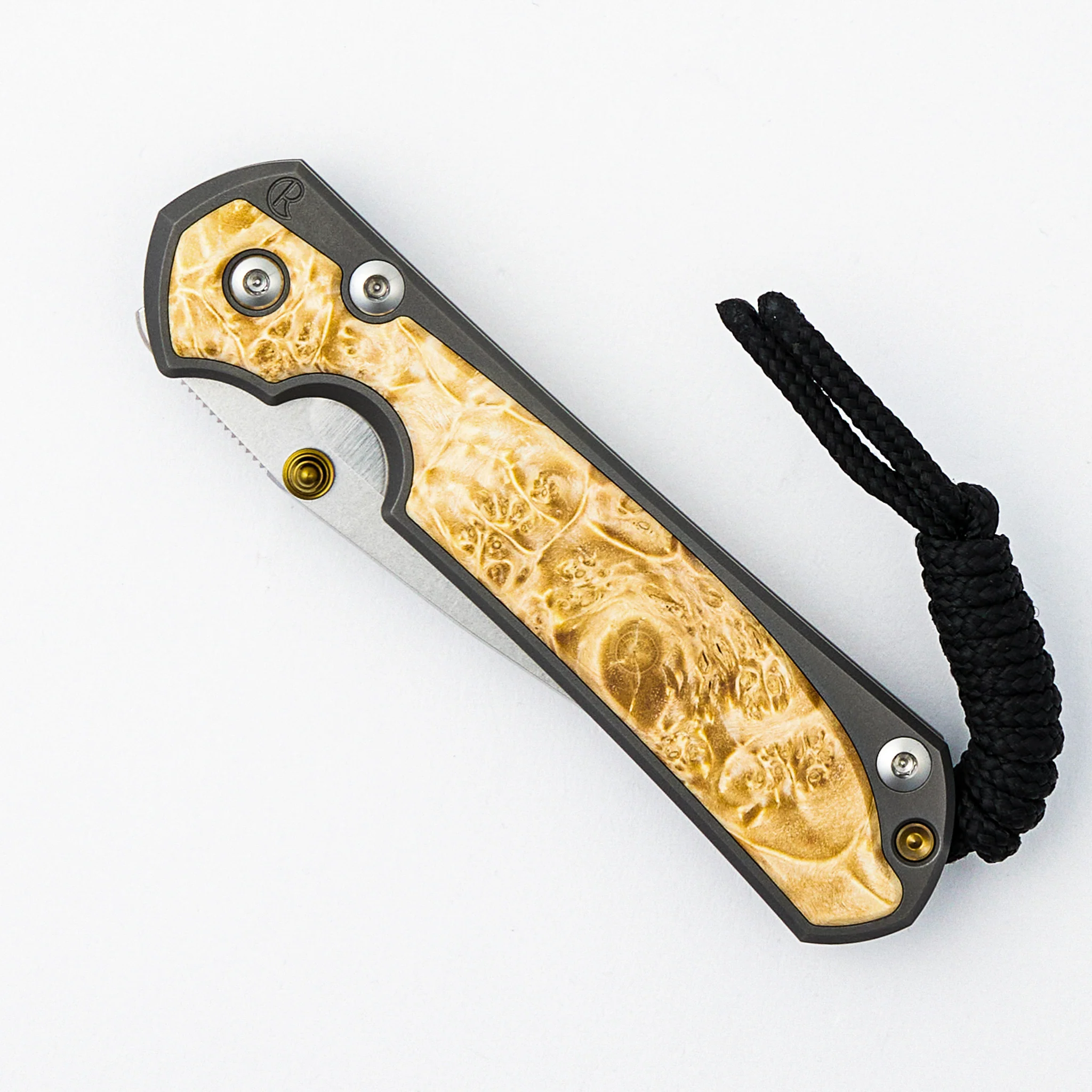 Small Sebenza 31 - Box Elder Inlay - Drop Point Polished CPM MagnaCut Blade - Gold Double Thumb Lugs - Image 17