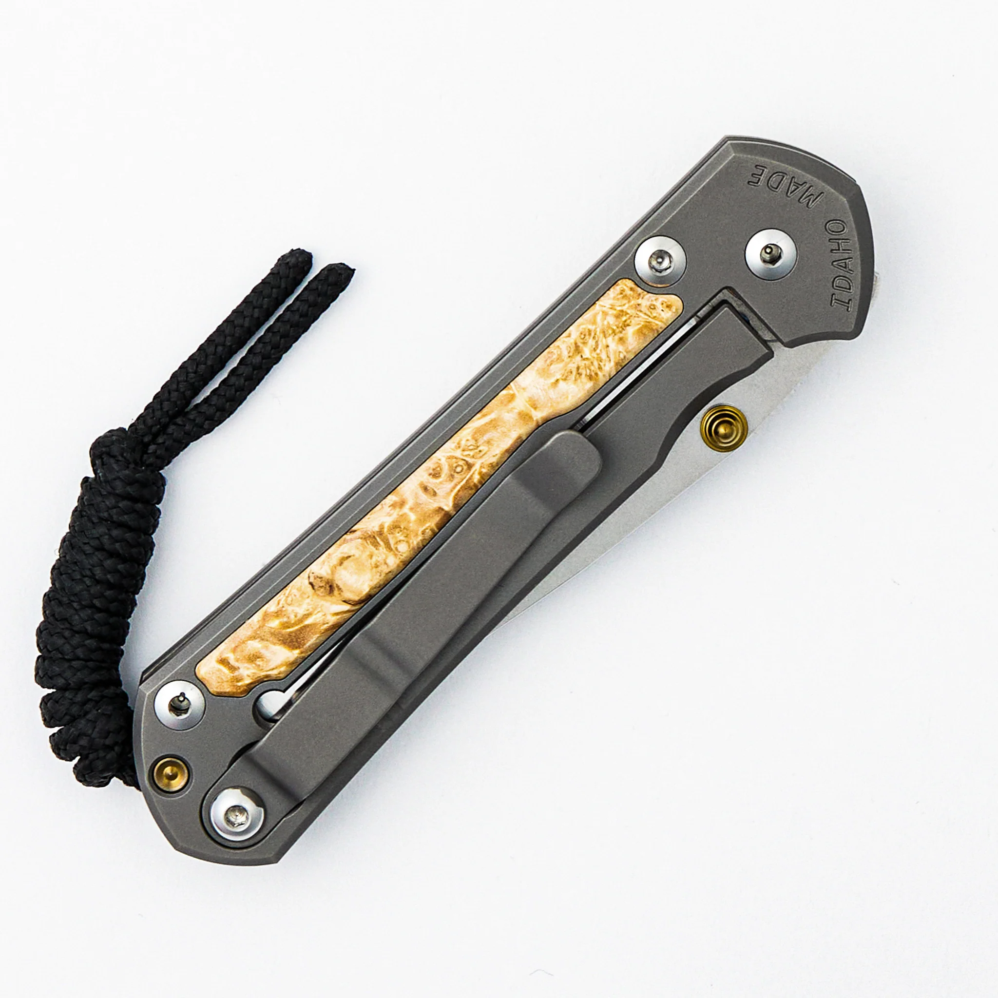 Small Sebenza 31 - Box Elder Inlay - Drop Point Polished CPM MagnaCut Blade - Gold Double Thumb Lugs - Image 18