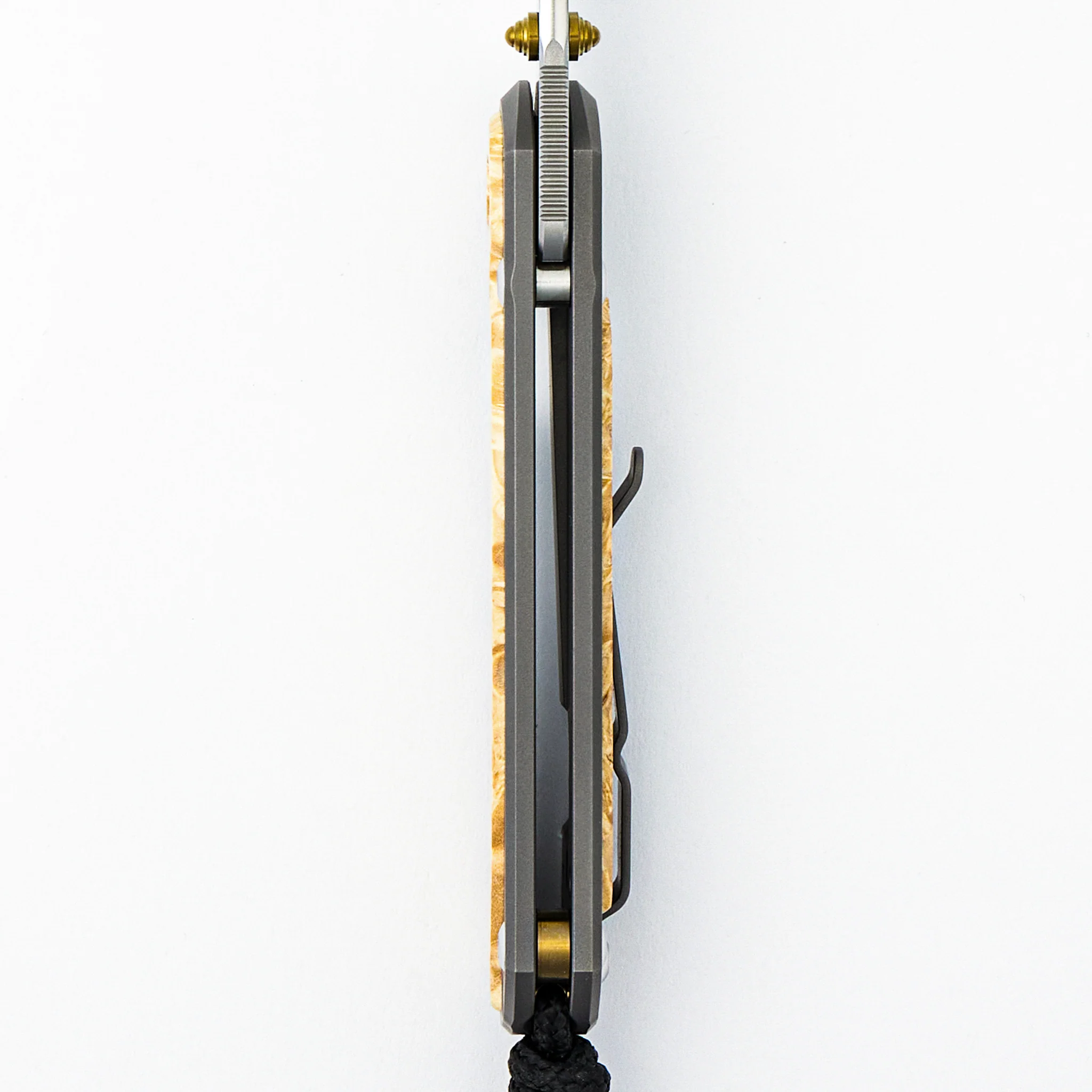 Small Sebenza 31 - Box Elder Inlay - Drop Point Polished CPM MagnaCut Blade - Gold Double Thumb Lugs - Image 21