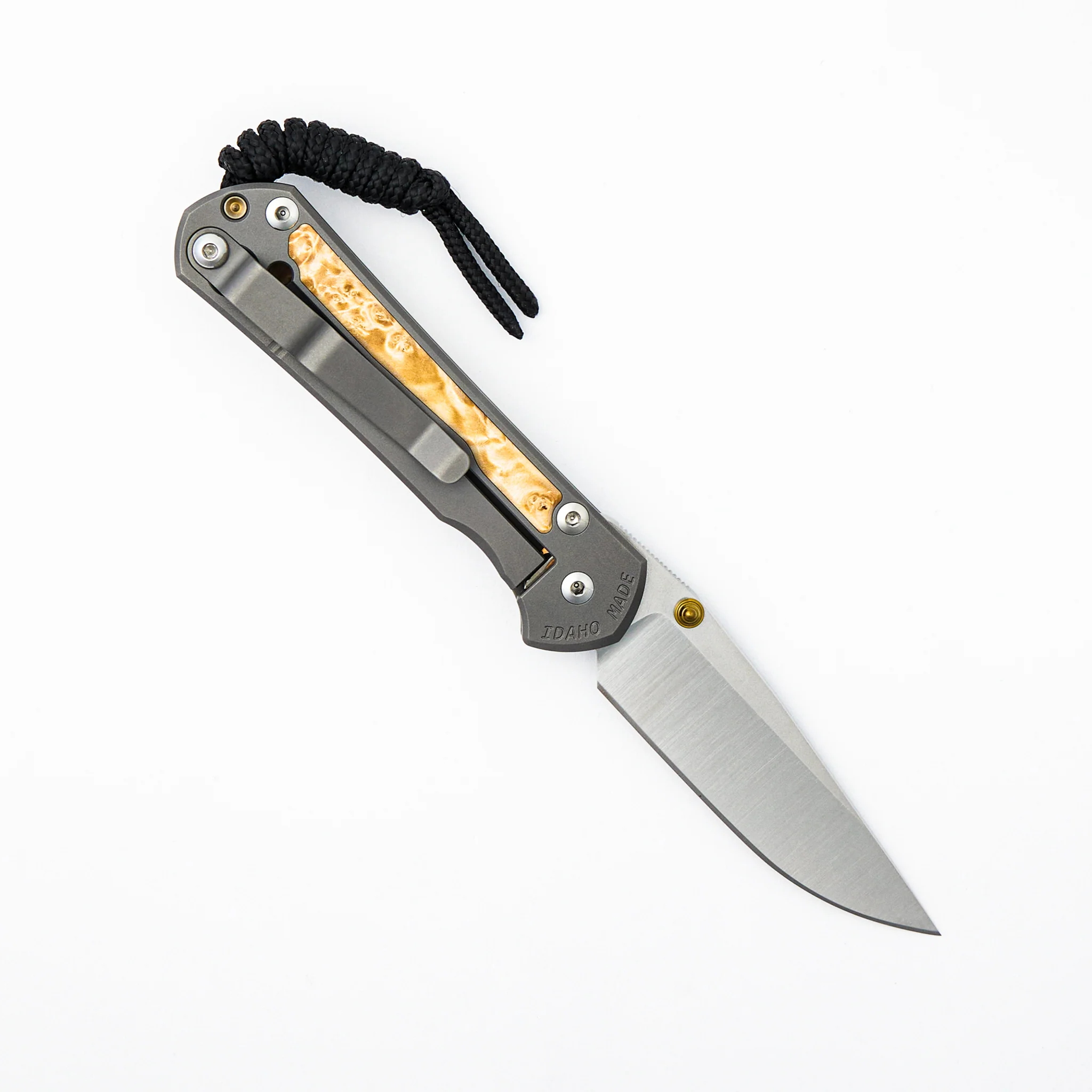 Small Sebenza 31 - Box Elder Inlay - Drop Point Polished CPM MagnaCut Blade - Gold Double Thumb Lugs - Image 23