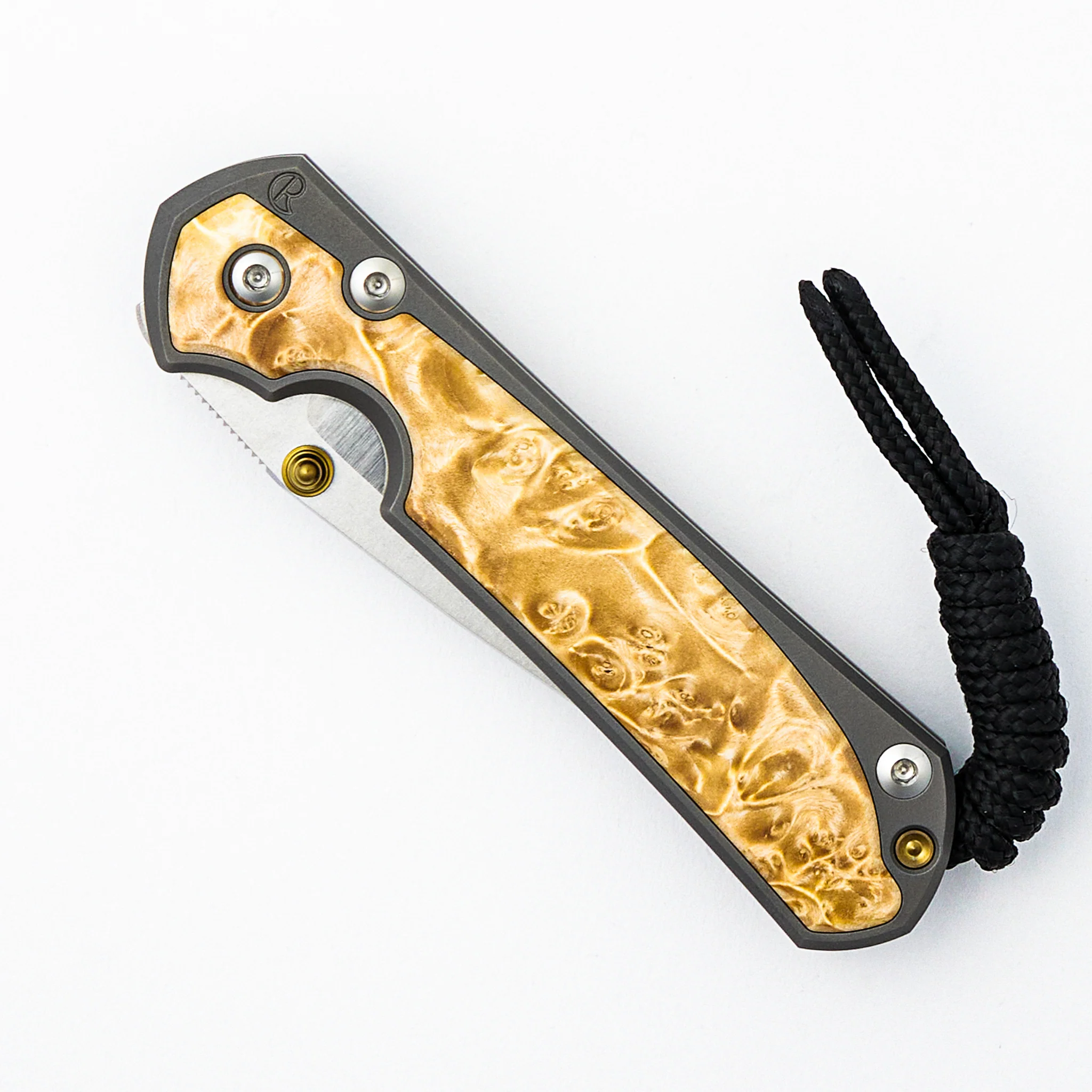 Small Sebenza 31 - Box Elder Inlay - Drop Point Polished CPM MagnaCut Blade - Gold Double Thumb Lugs - Image 24