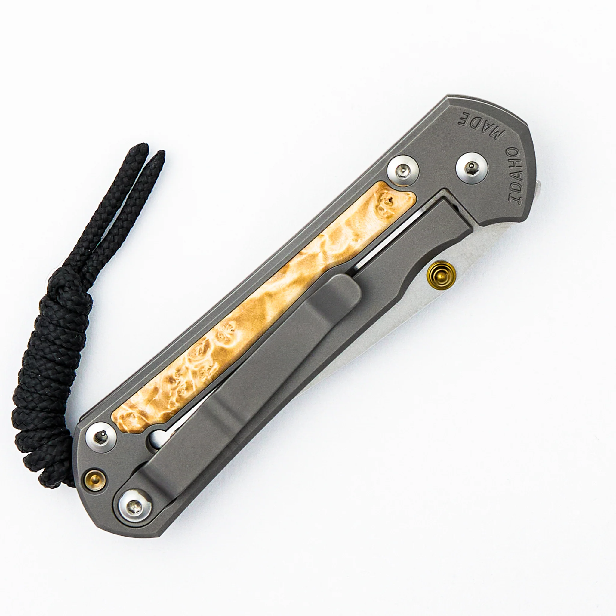 Small Sebenza 31 - Box Elder Inlay - Drop Point Polished CPM MagnaCut Blade - Gold Double Thumb Lugs - Image 25