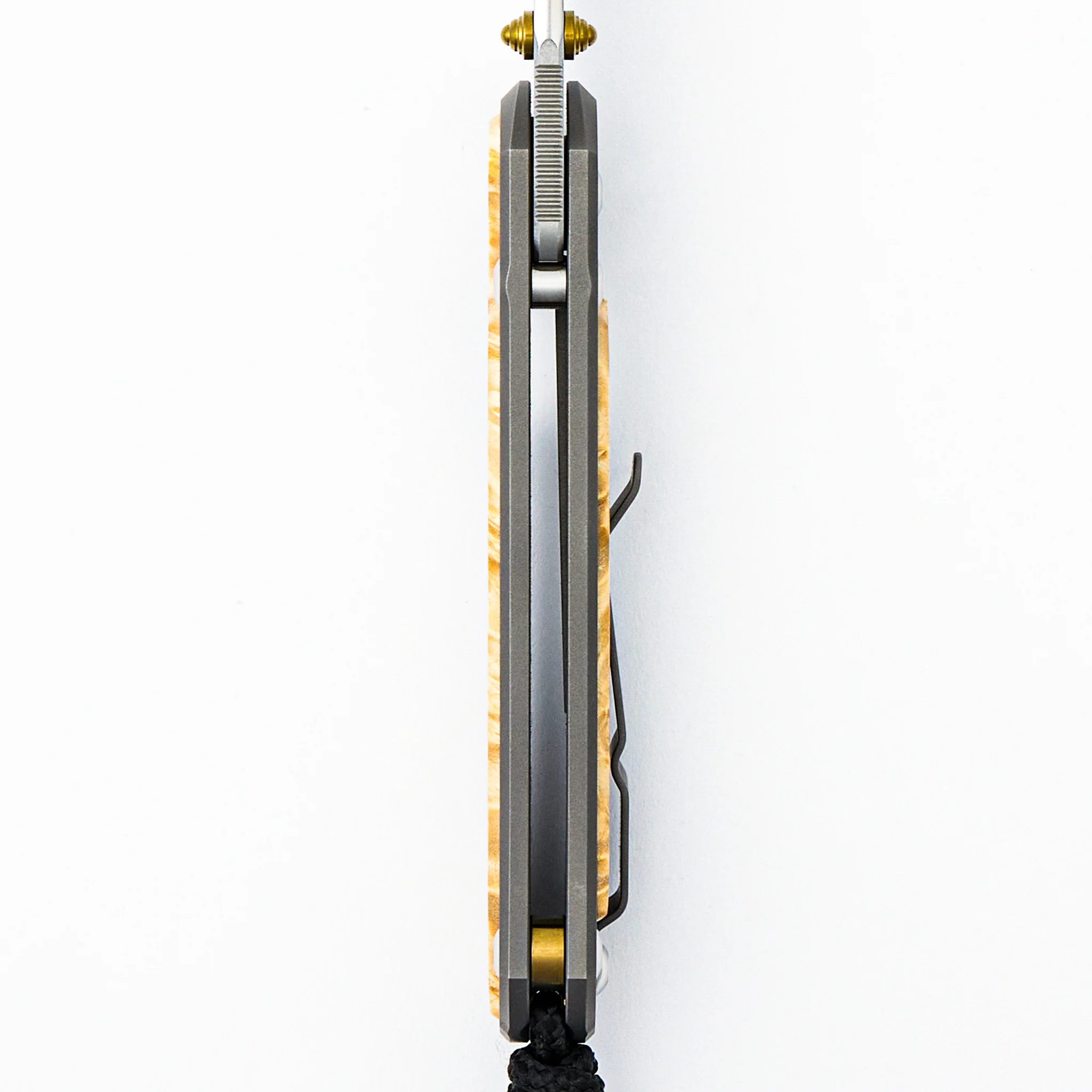 Small Sebenza 31 - Box Elder Inlay - Drop Point Polished CPM MagnaCut Blade - Gold Double Thumb Lugs - Image 28