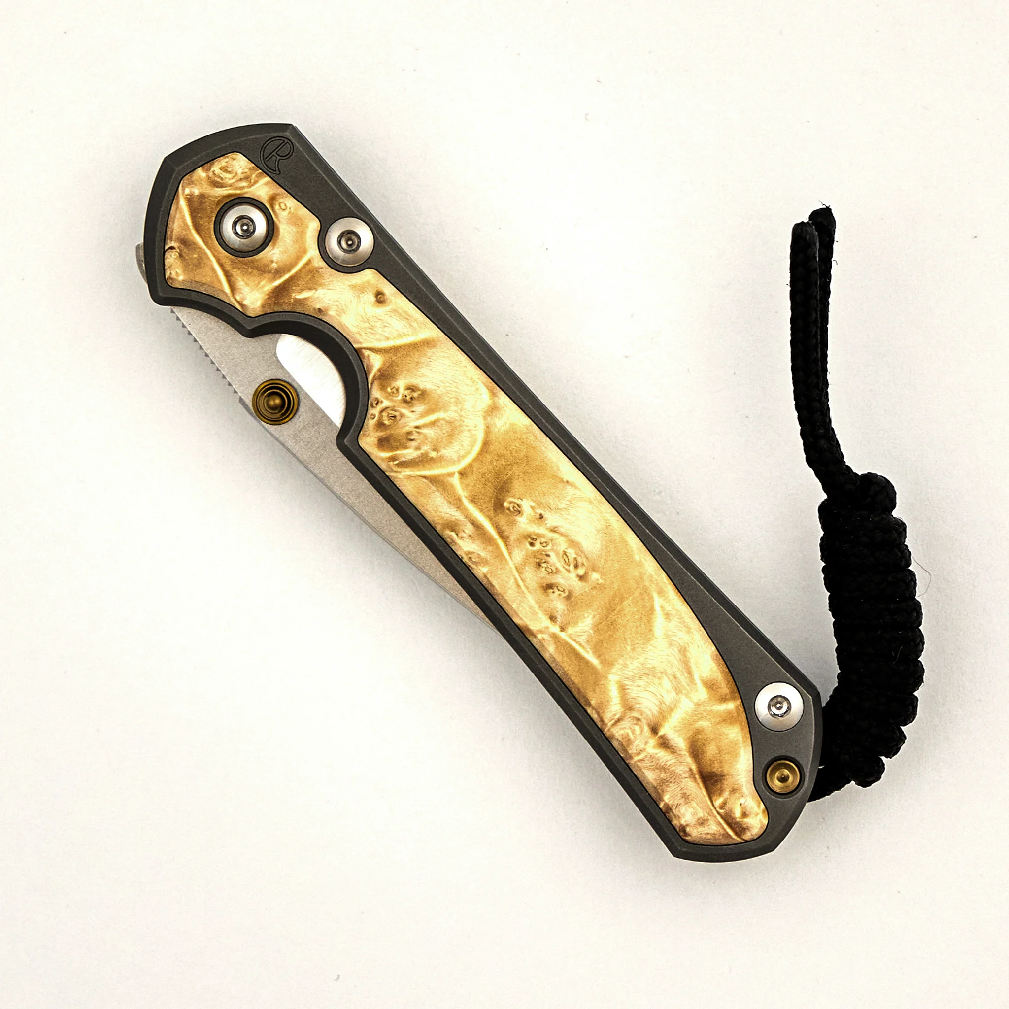 Small Sebenza 31 - Box Elder Inlay - Drop Point Polished CPM MagnaCut Blade - Gold Double Thumb Lugs - Image 3
