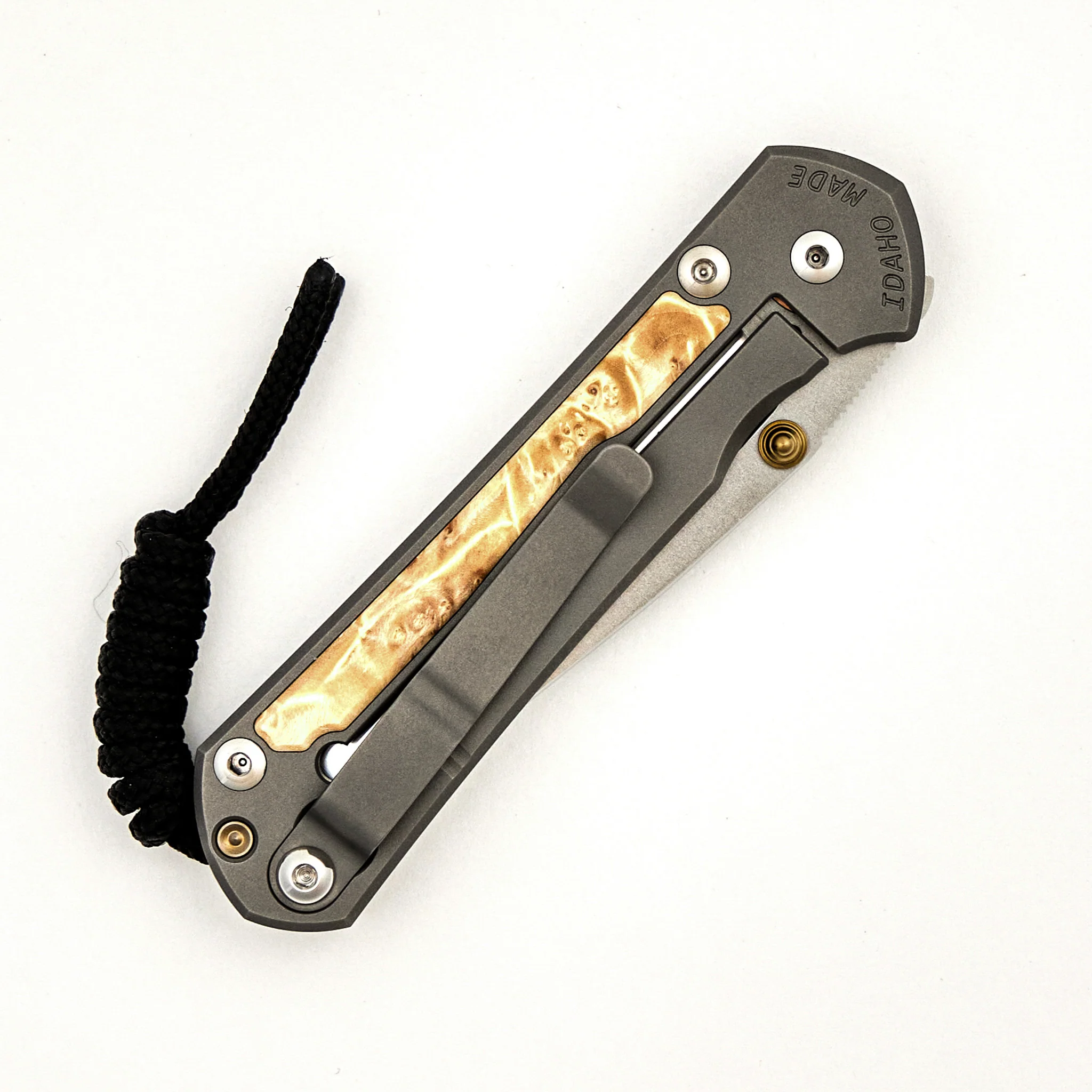Small Sebenza 31 - Box Elder Inlay - Drop Point Polished CPM MagnaCut Blade - Gold Double Thumb Lugs - Image 4