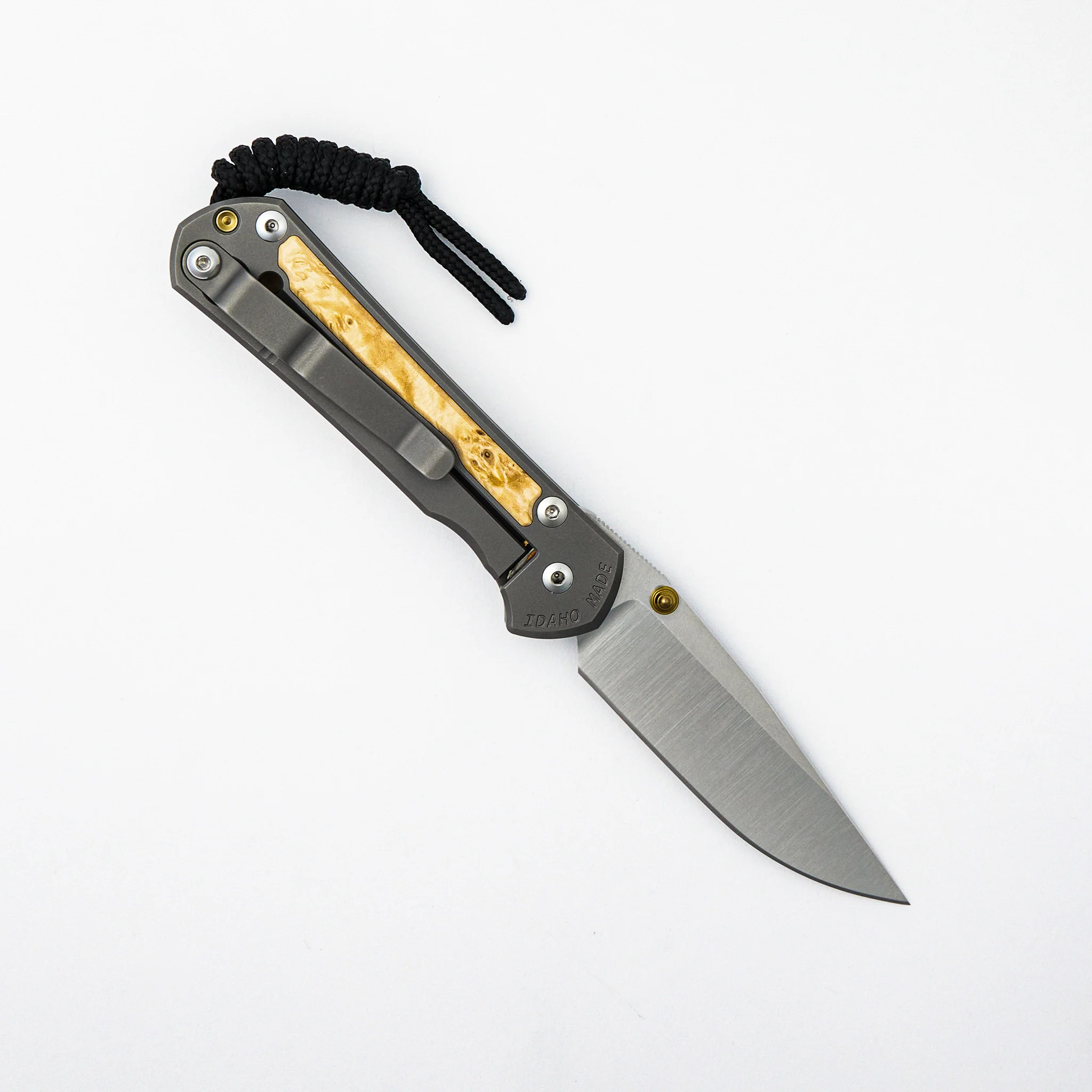 Small Sebenza 31 - Box Elder Inlay - Drop Point Polished CPM MagnaCut Blade - Gold Double Thumb Lugs - Image 9