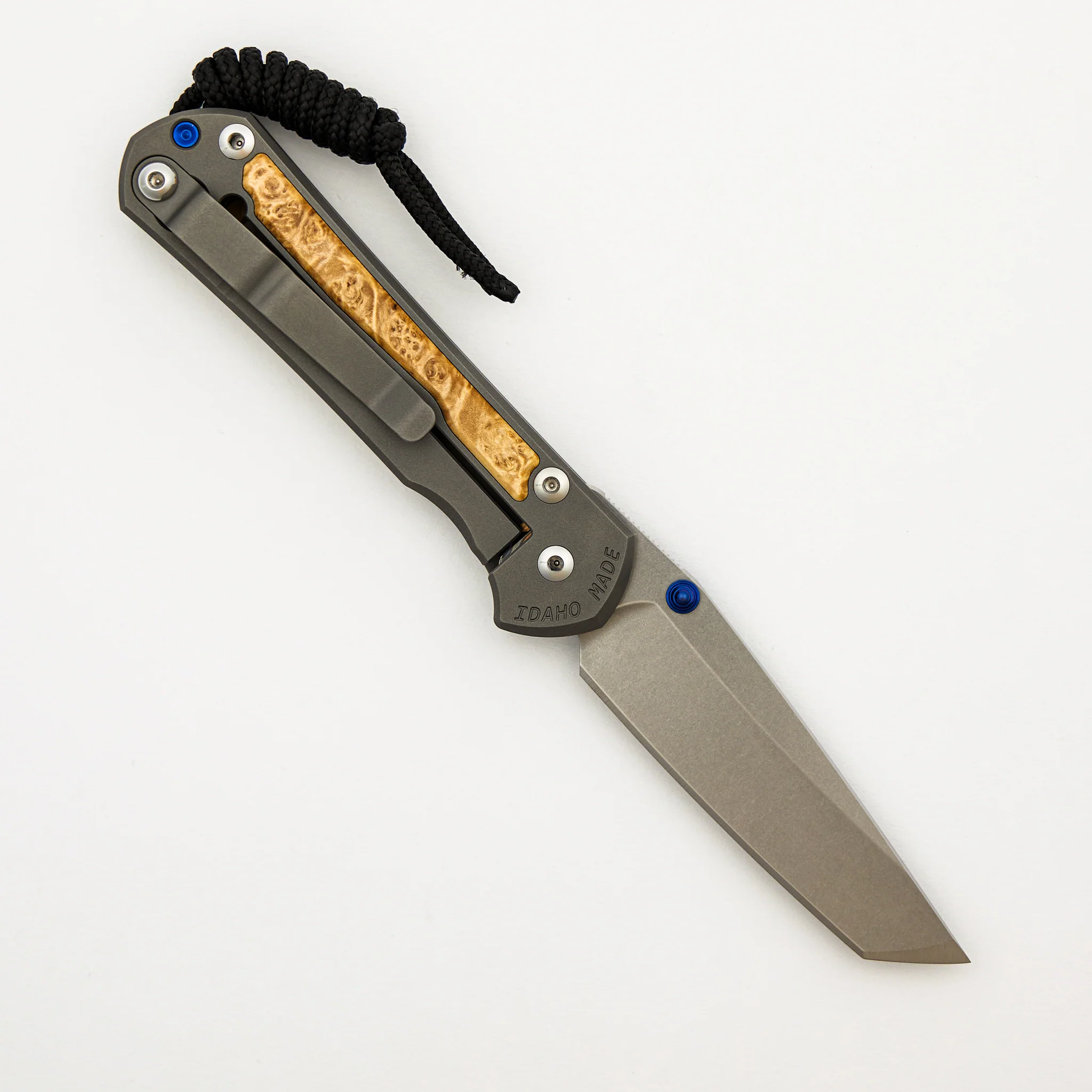 Small Sebenza 31 - Box Elder Inlay - Tanto CPM MagnaCut Blade - Blue Double Thumb Lugs - Image 2