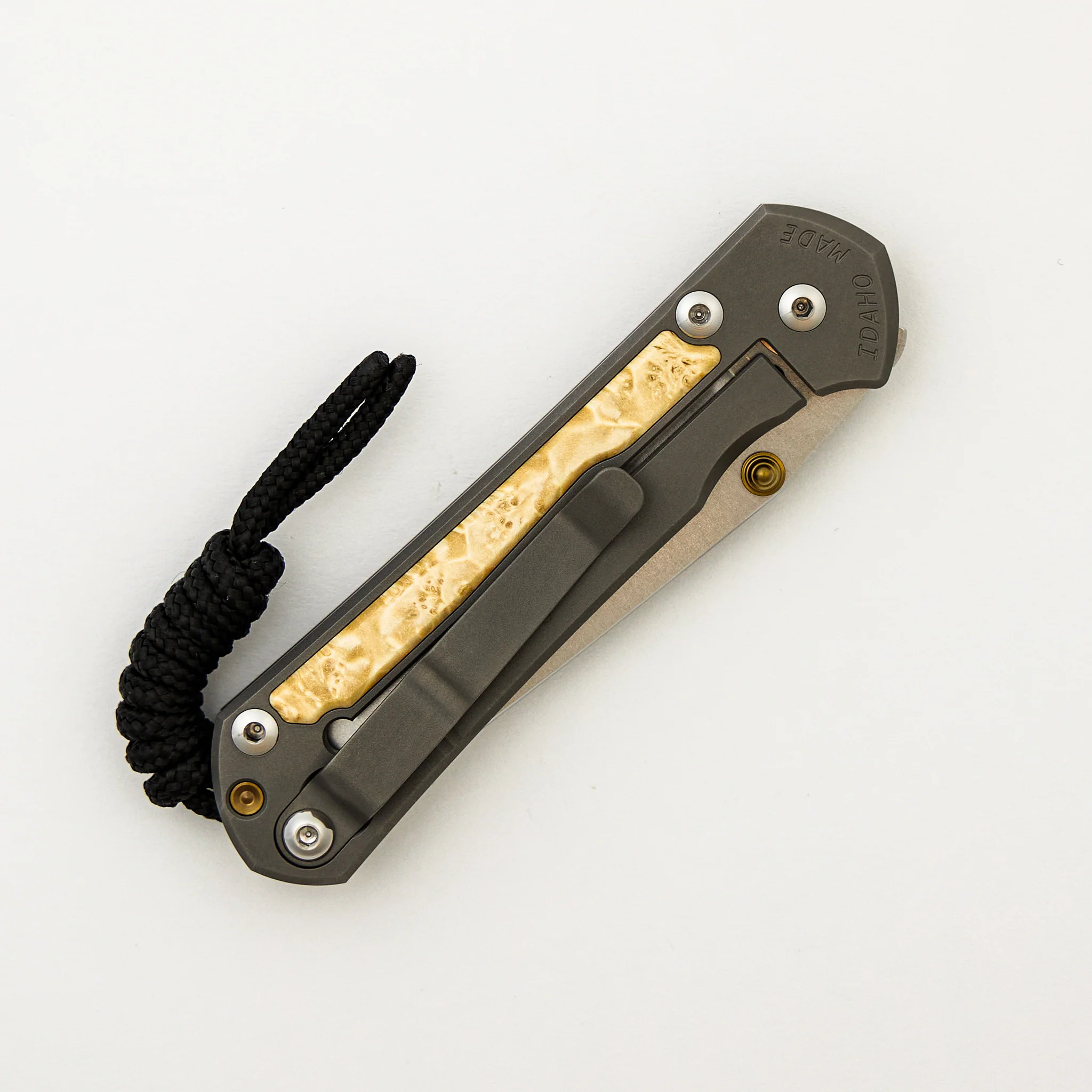 Small Sebenza 31 - Box Elder Inlay - Tanto CPM MagnaCut Blade - Gold Double Thumb Lugs - Image 4