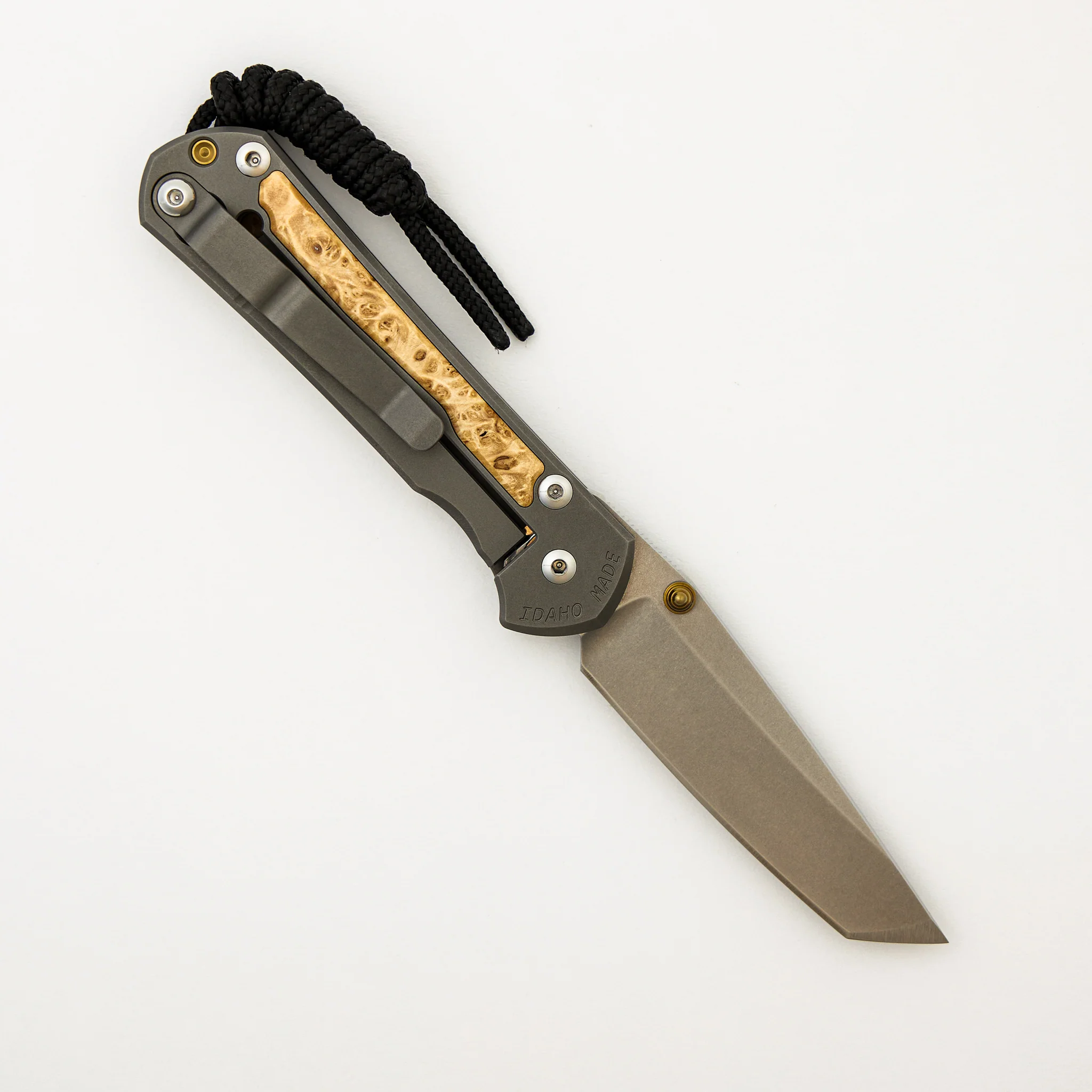 Small Sebenza 31 - Box Elder Inlay - Tanto CPM MagnaCut Blade - Gold Double Thumb Lugs - Image 9