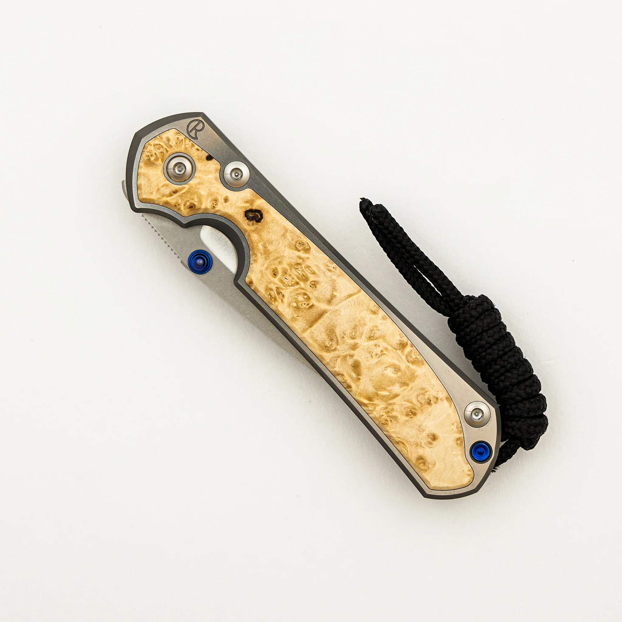 Small Sebenza 31 - Box Elder Inlay W/ Polished Handle - Drop Point Polished CPM MagnaCut Blade - Blue Double Thumb Lugs - Image 10