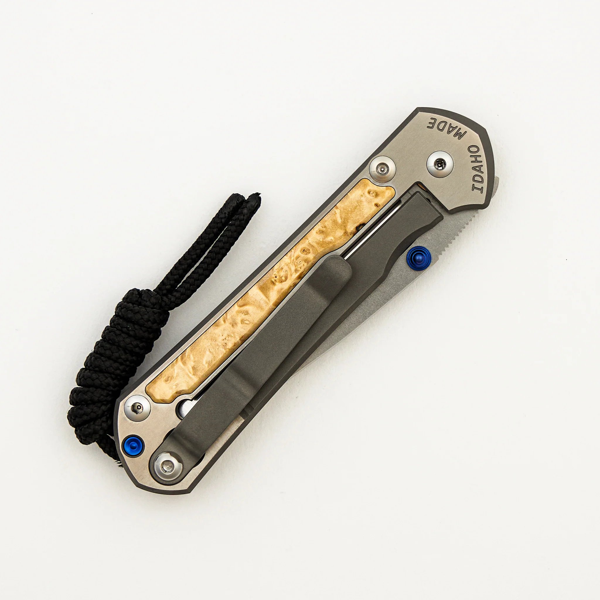 Small Sebenza 31 - Box Elder Inlay W/ Polished Handle - Drop Point Polished CPM MagnaCut Blade - Blue Double Thumb Lugs - Image 11