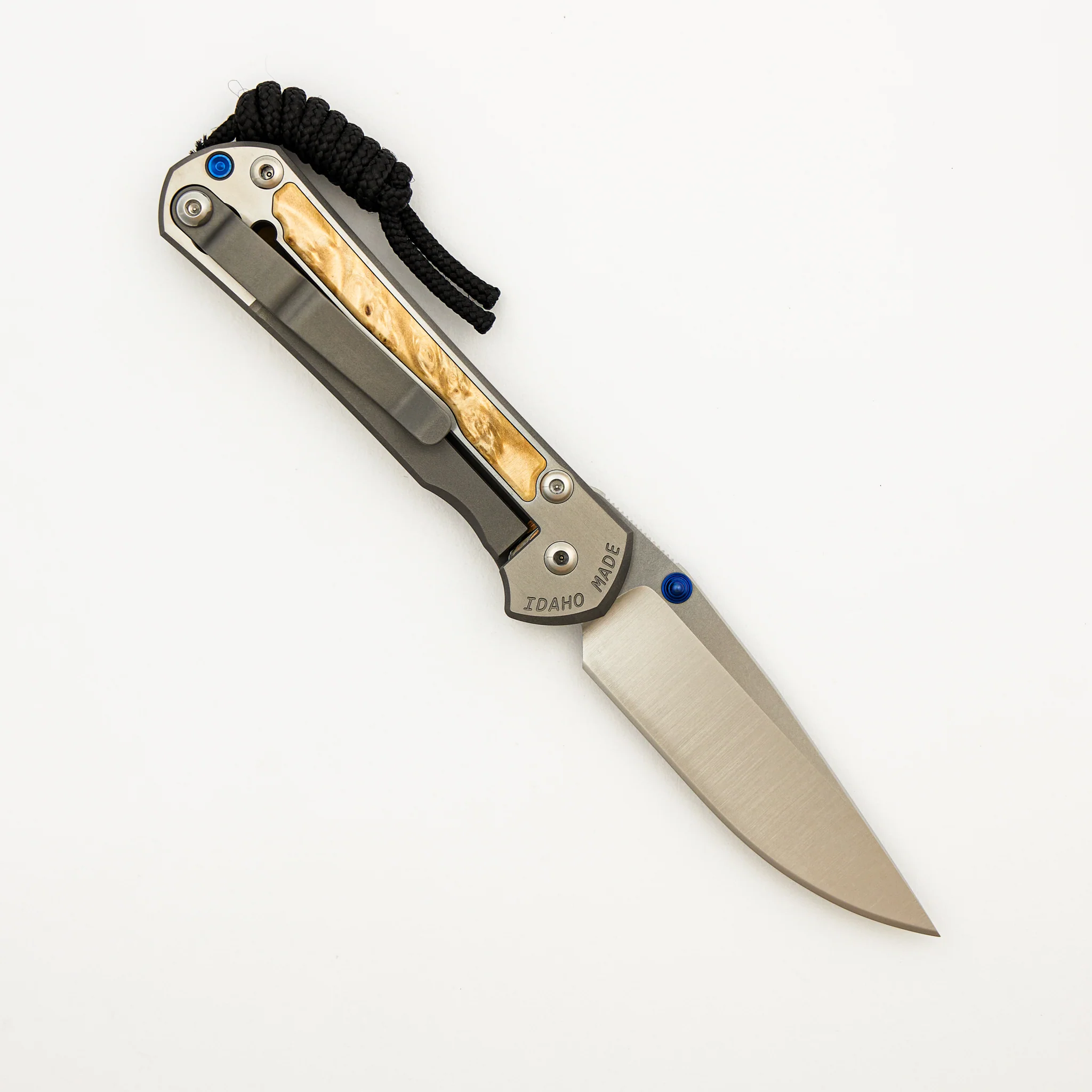 Small Sebenza 31 - Box Elder Inlay W/ Polished Handle - Drop Point Polished CPM MagnaCut Blade - Blue Double Thumb Lugs - Image 2