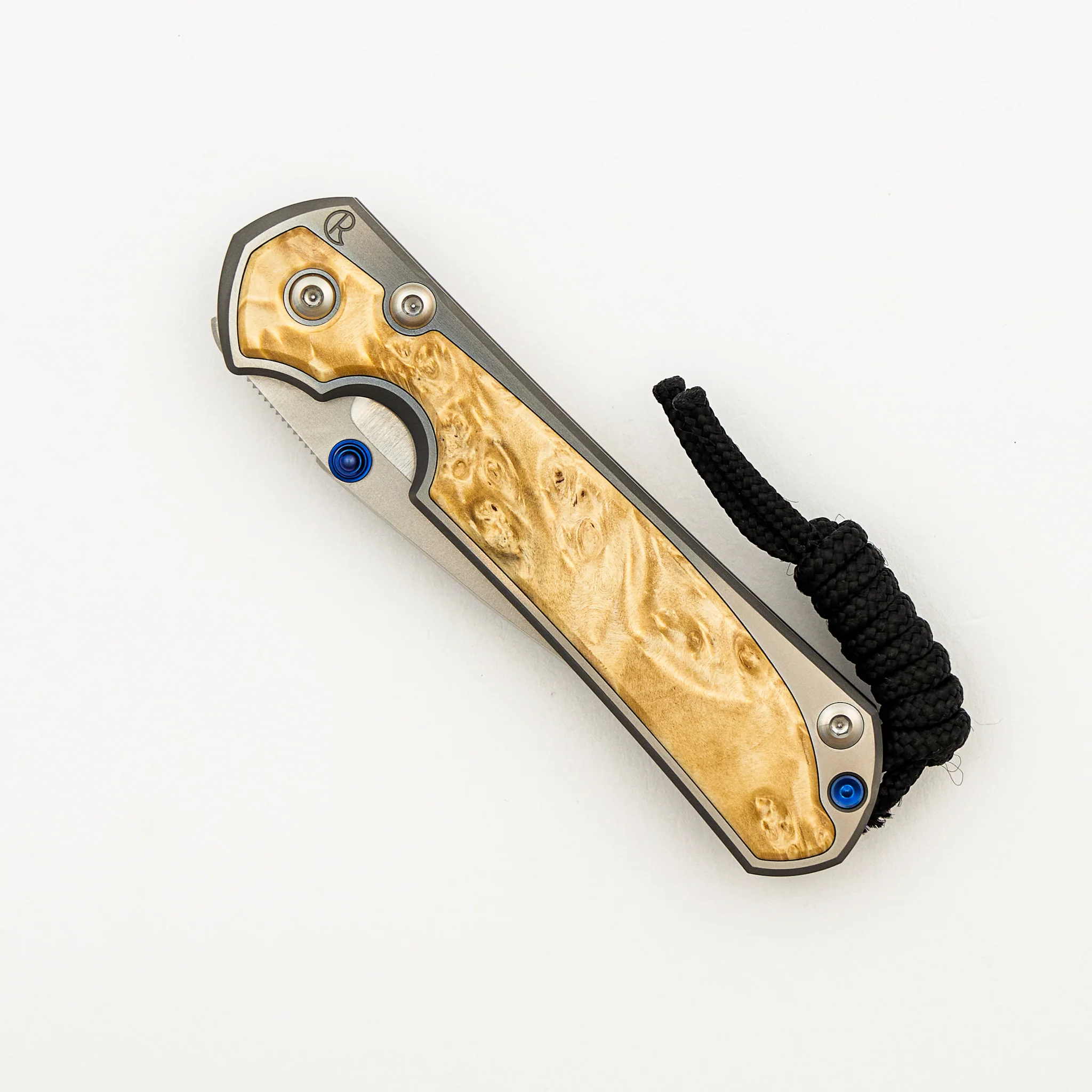 Small Sebenza 31 - Box Elder Inlay W/ Polished Handle - Drop Point Polished CPM MagnaCut Blade - Blue Double Thumb Lugs - Image 3