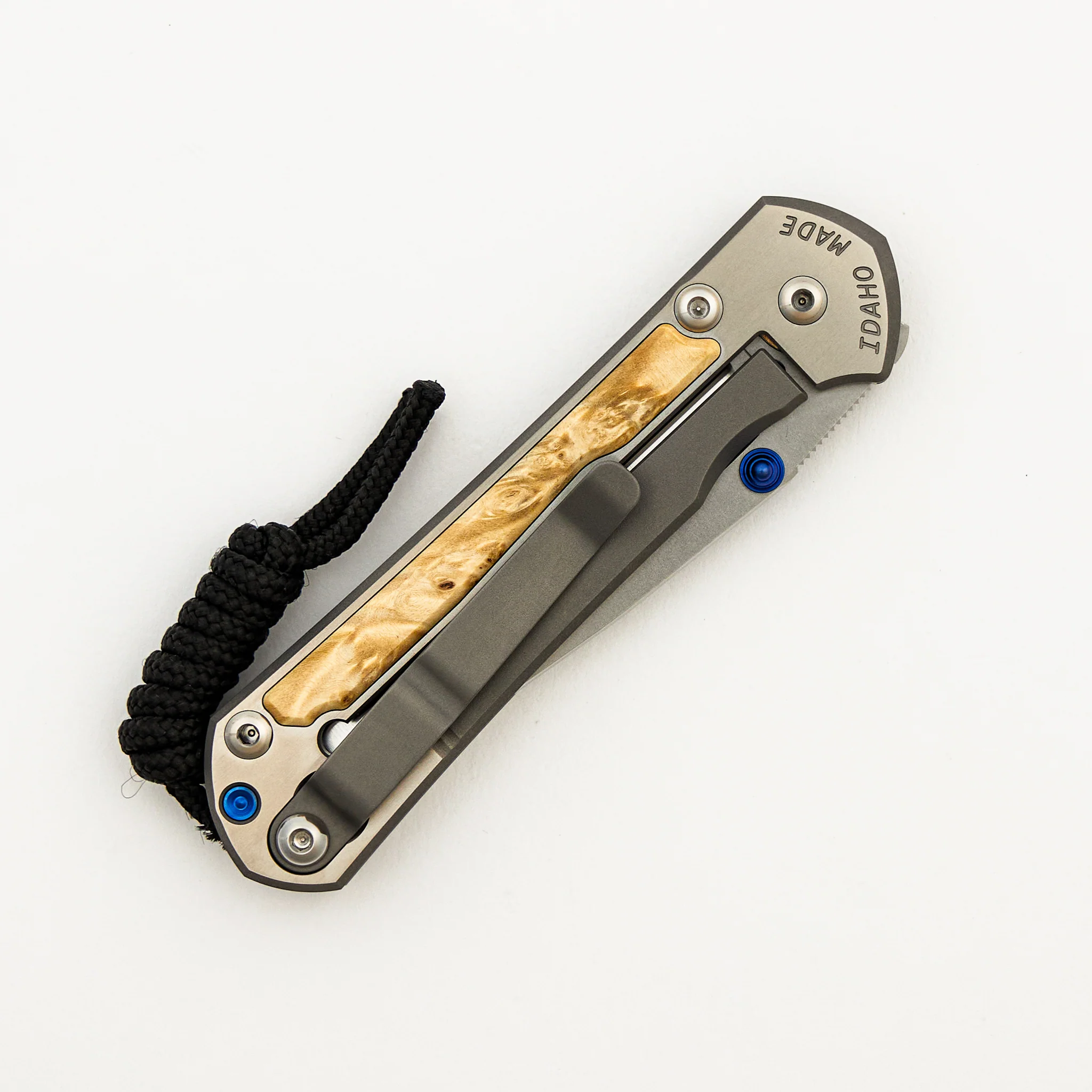 Small Sebenza 31 - Box Elder Inlay W/ Polished Handle - Drop Point Polished CPM MagnaCut Blade - Blue Double Thumb Lugs - Image 4