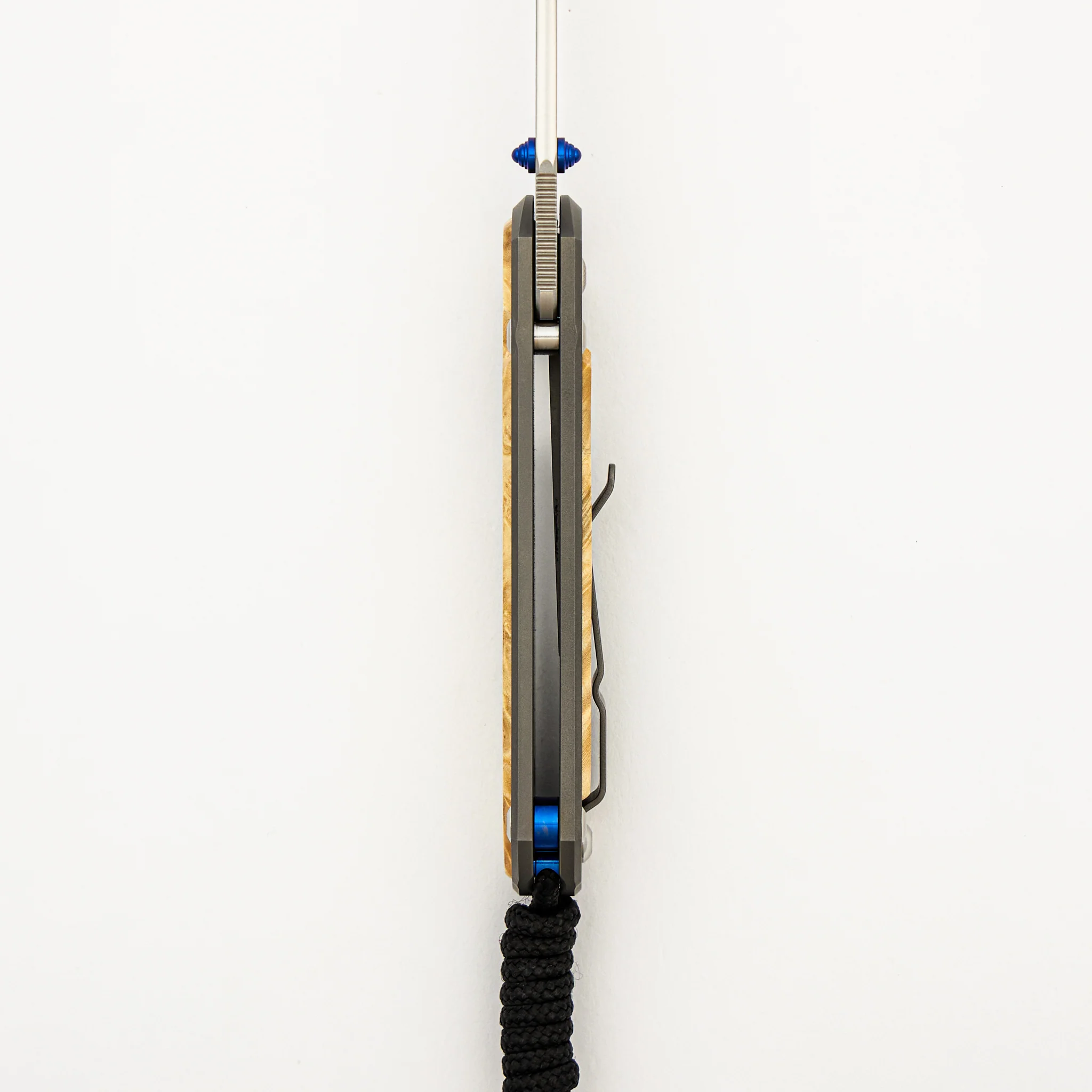 Small Sebenza 31 - Box Elder Inlay W/ Polished Handle - Drop Point Polished CPM MagnaCut Blade - Blue Double Thumb Lugs - Image 7