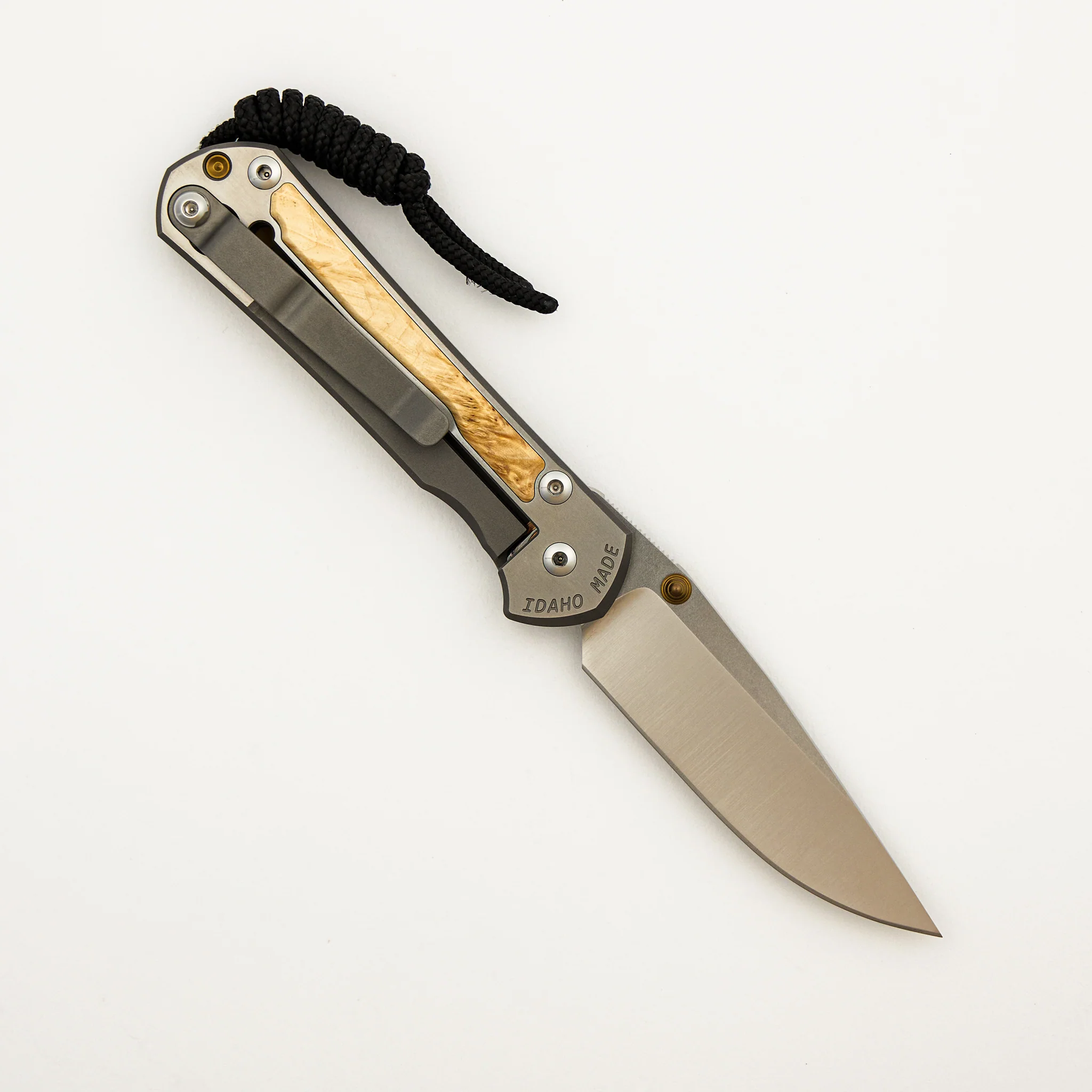 Small Sebenza 31 - Box Elder Inlay W/ Polished Handle - Drop Point Polished CPM MagnaCut Blade - Gold Double Thumb Lugs - Image 2