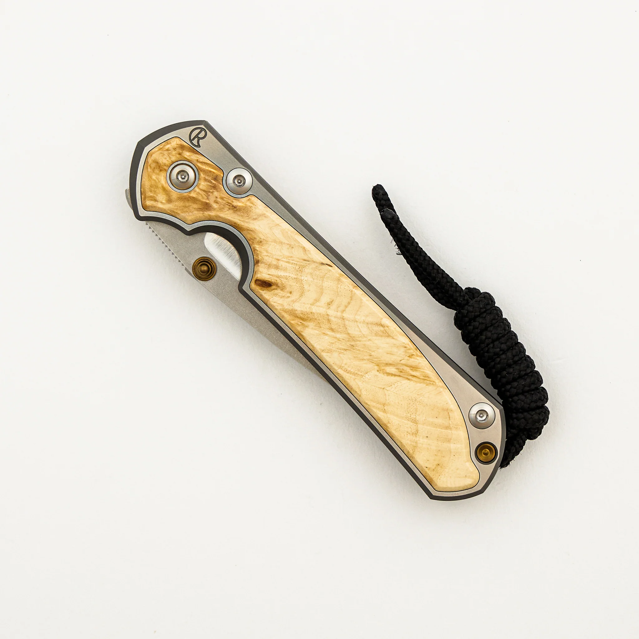 Small Sebenza 31 - Box Elder Inlay W/ Polished Handle - Drop Point Polished CPM MagnaCut Blade - Gold Double Thumb Lugs - Image 3