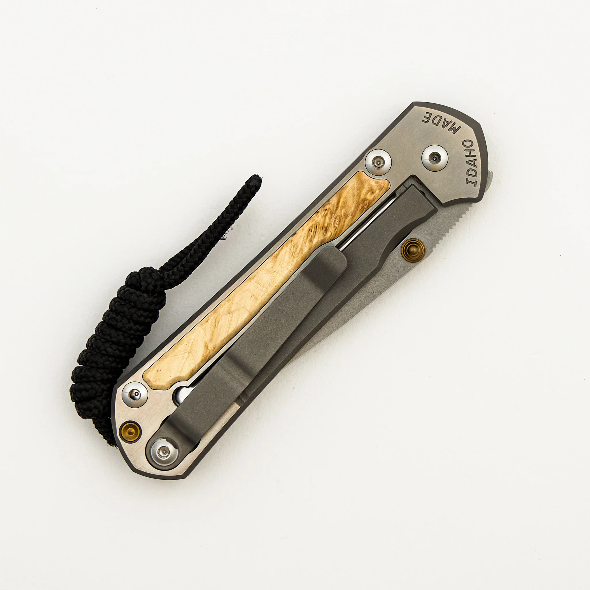 Small Sebenza 31 - Box Elder Inlay W/ Polished Handle - Drop Point Polished CPM MagnaCut Blade - Gold Double Thumb Lugs - Image 4