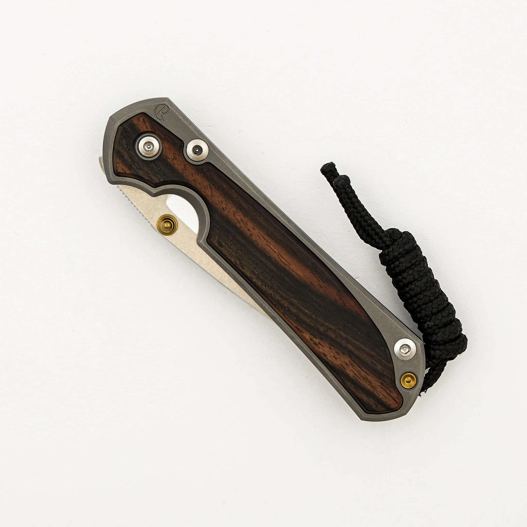 Small Sebenza 31 - Macassar Ebony Inlay - Drop Point Polished CPM MagnaCut Blade - Gold Double Thumb Lugs - Image 3