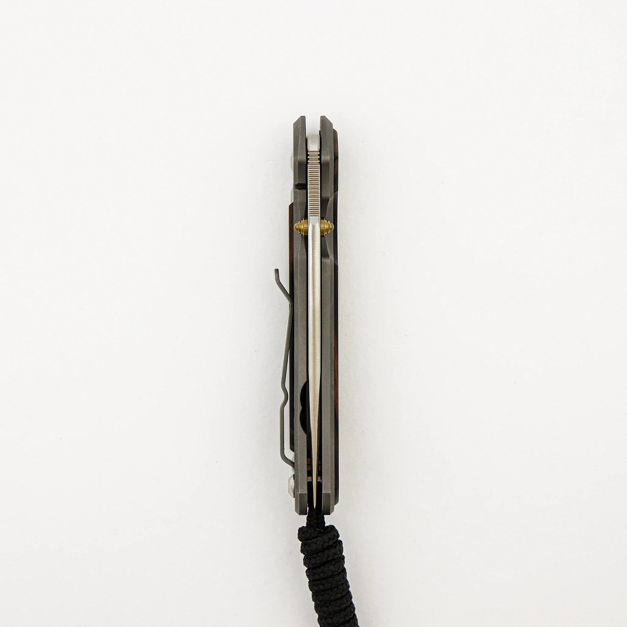 Small Sebenza 31 - Macassar Ebony Inlay - Drop Point Polished CPM MagnaCut Blade - Gold Double Thumb Lugs - Image 5