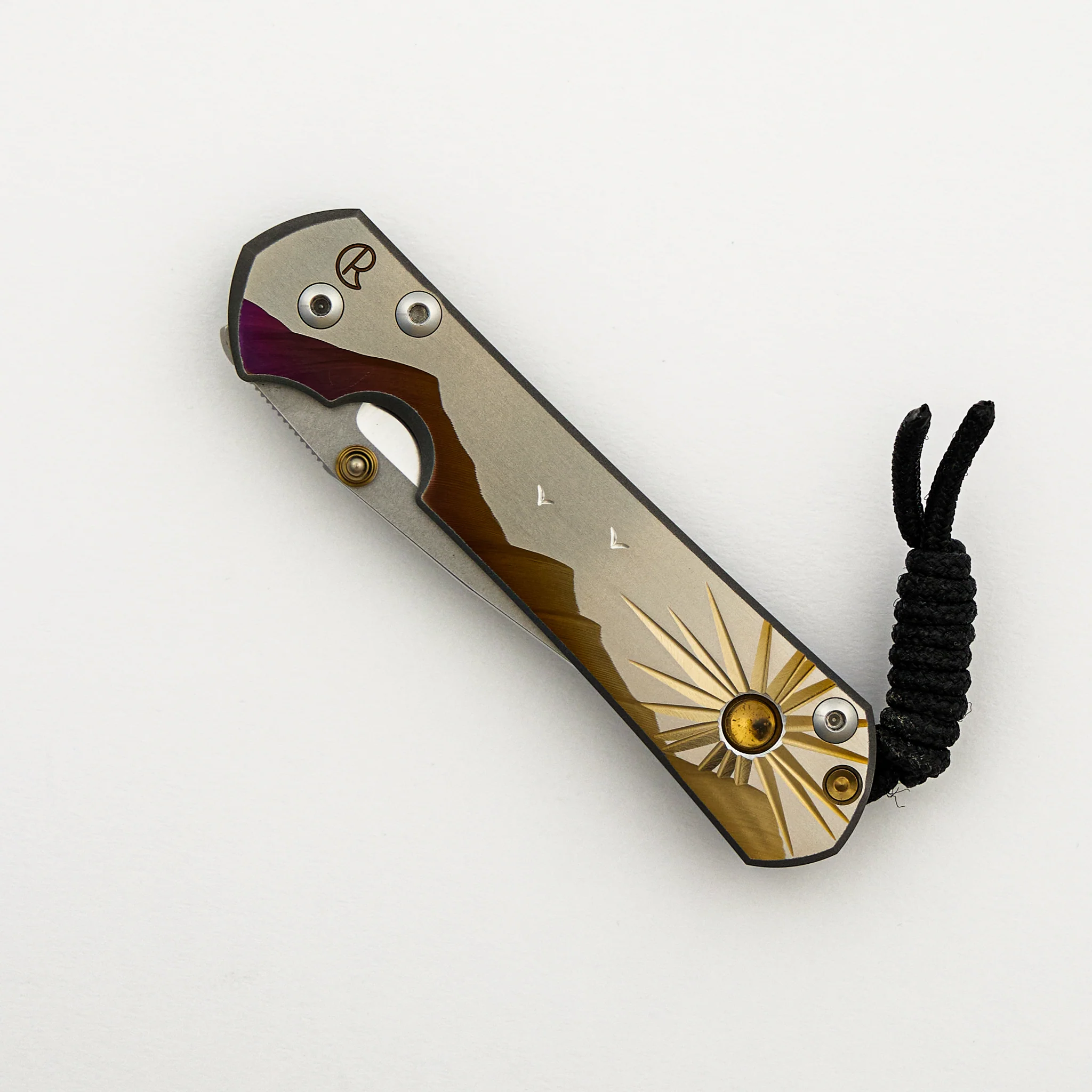 Small Sebenza 31 Unique Graphic "Morning Sun" W/ Citrine - Drop Point CPM MagnaCut Blade - Gold Single Thumb Lug - Image 3