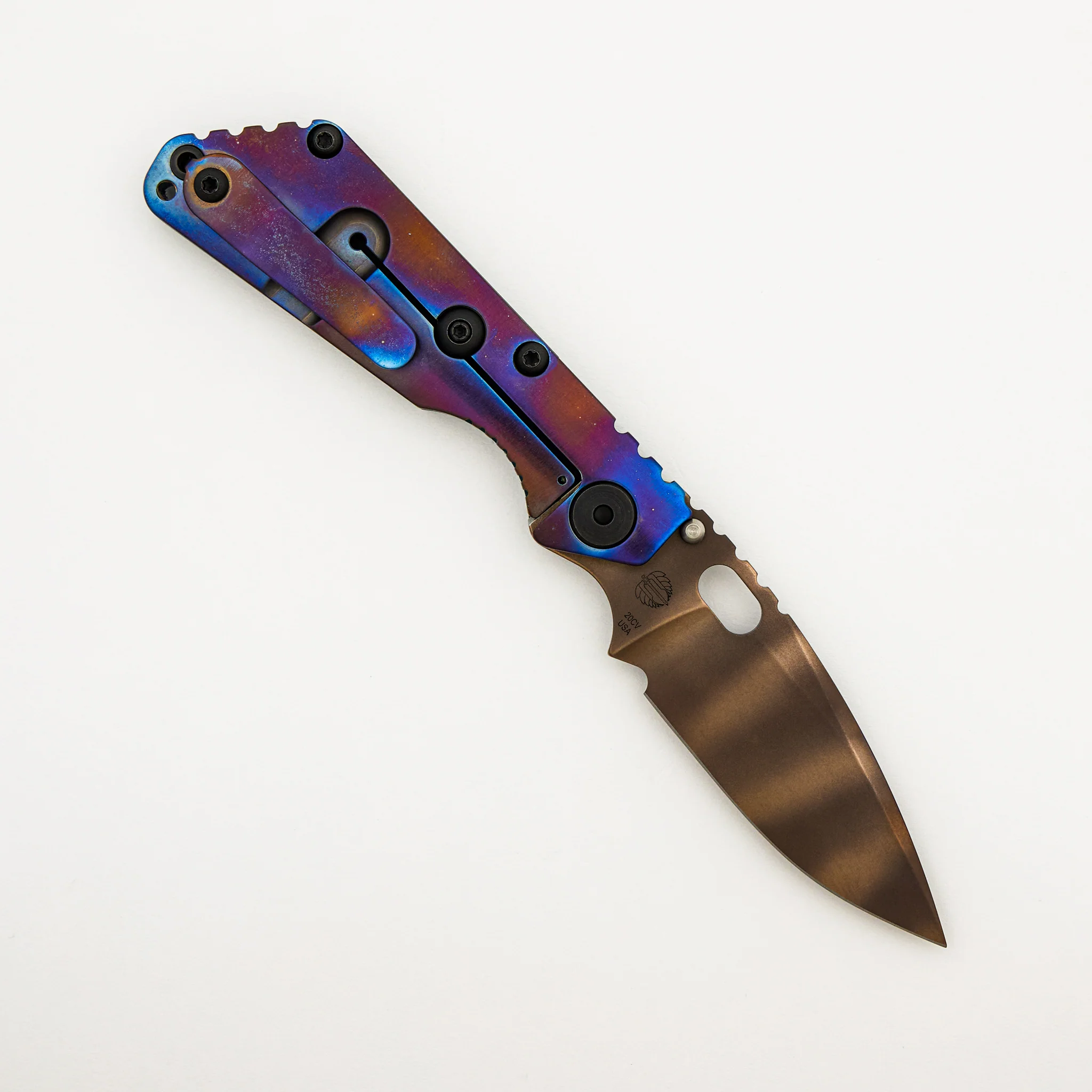 SNG - Anodized Titanium/Forest Green G10 Handle - Drop Point Bronze Tiger Stripe 20CV Blade - Image 2