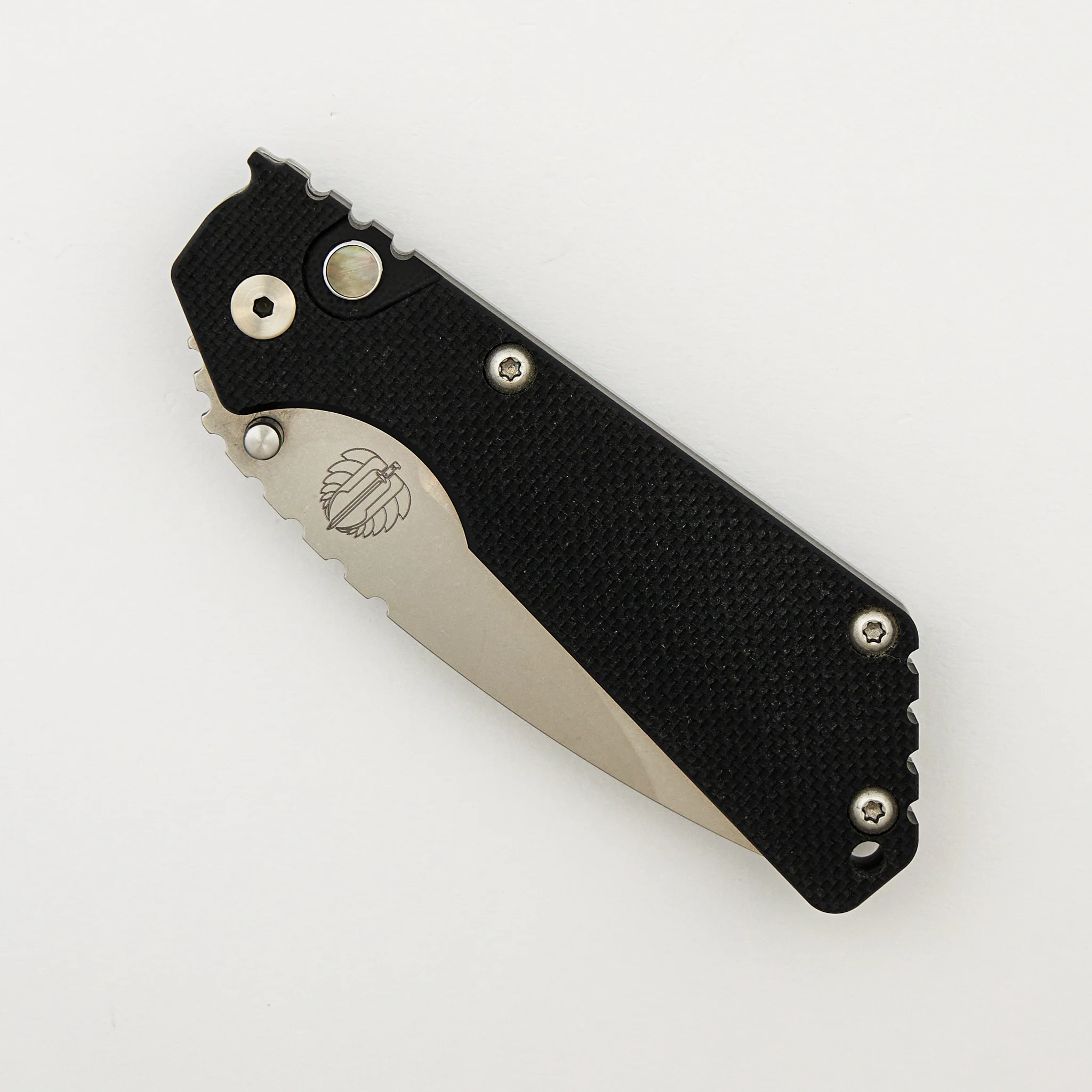 SNG - Stonewashed 154-CM Blade - Stonewashed Steel/Black G10 Handle - Pearl Button - Image 3