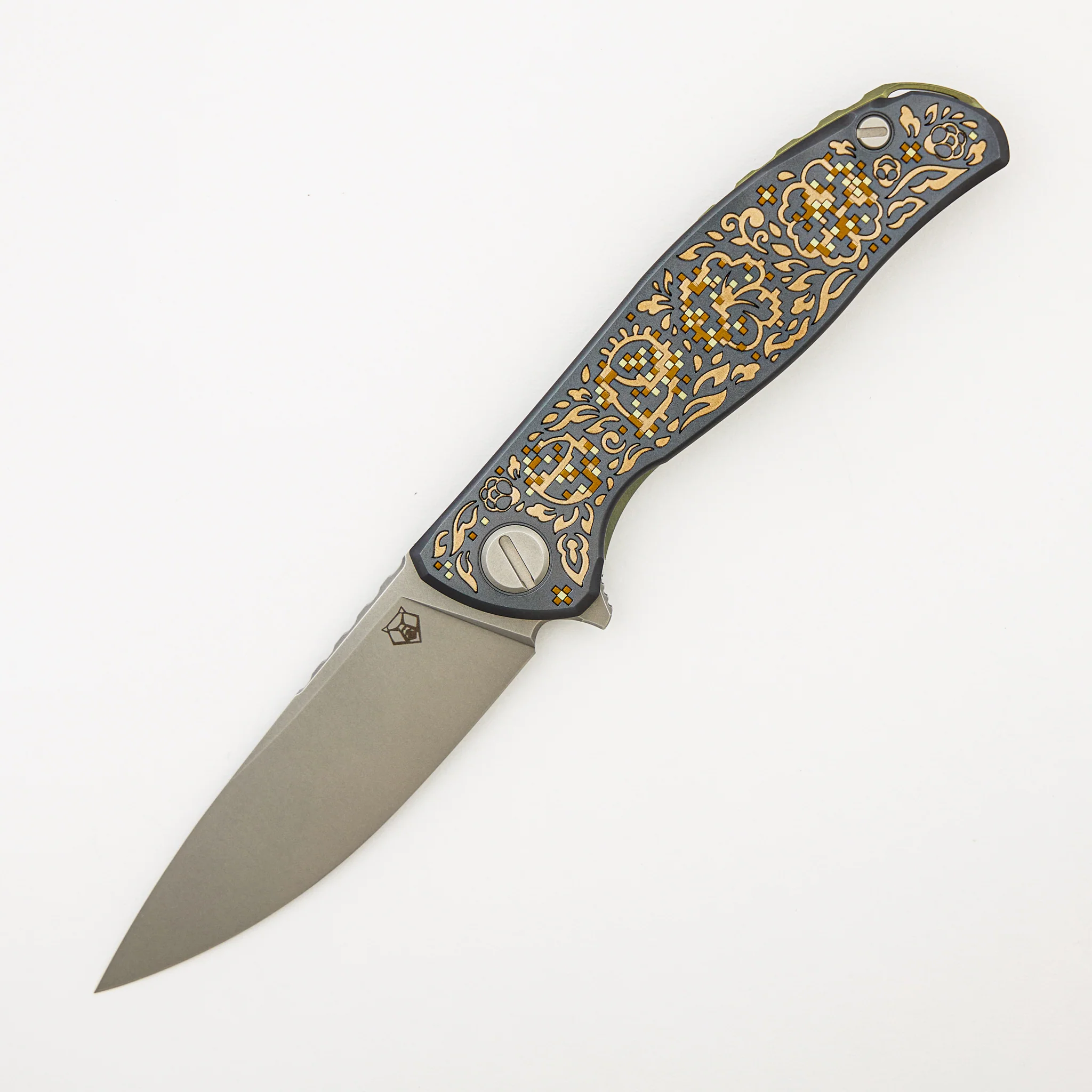 Ti2 Design Finish Black Hula "Bronze Pixelated Flower" F95 - M390 Blade - Titanium Handle - MRBS - Completed - Image 2