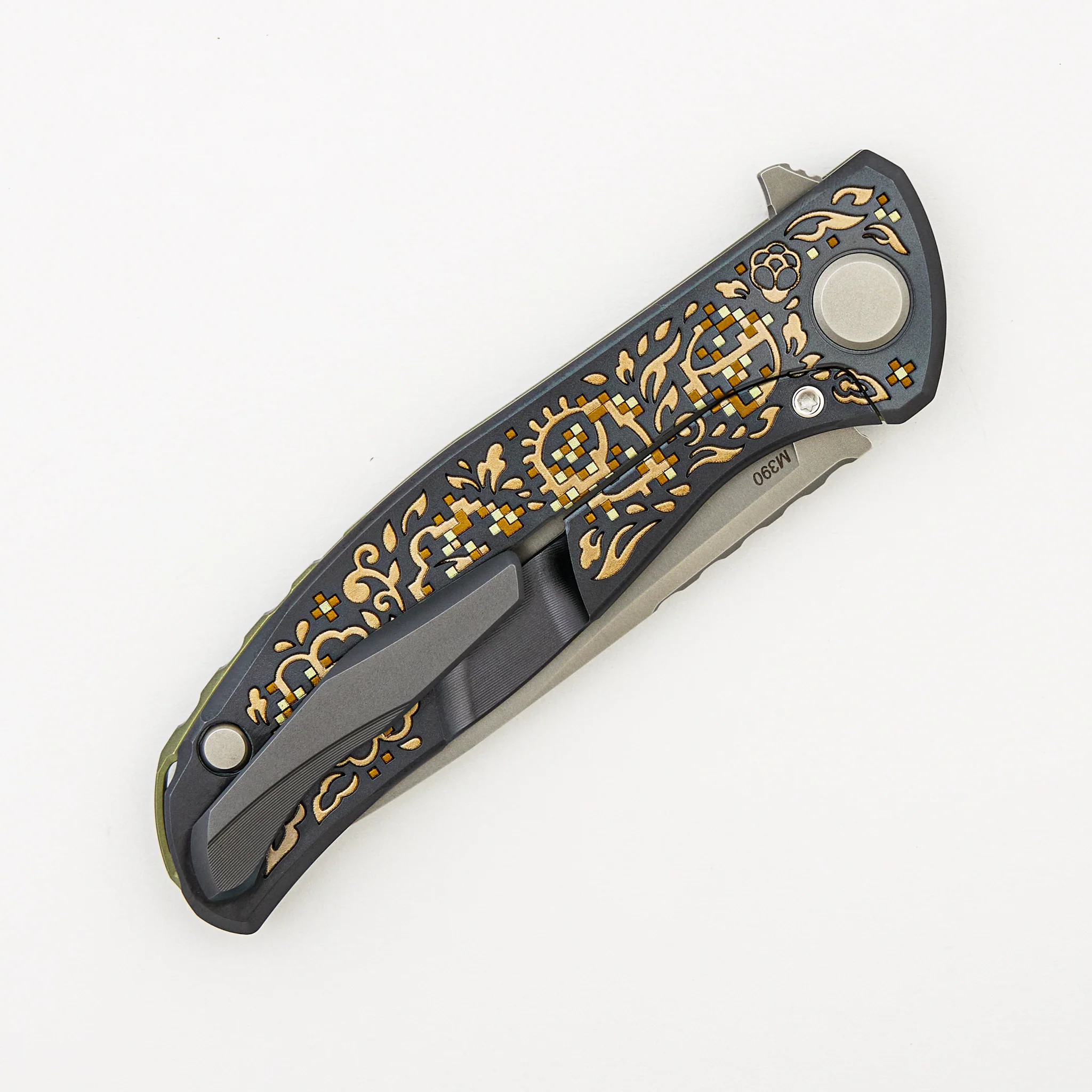 Ti2 Design Finish Black Hula "Bronze Pixelated Flower" F95 - M390 Blade - Titanium Handle - MRBS - Completed - Image 5