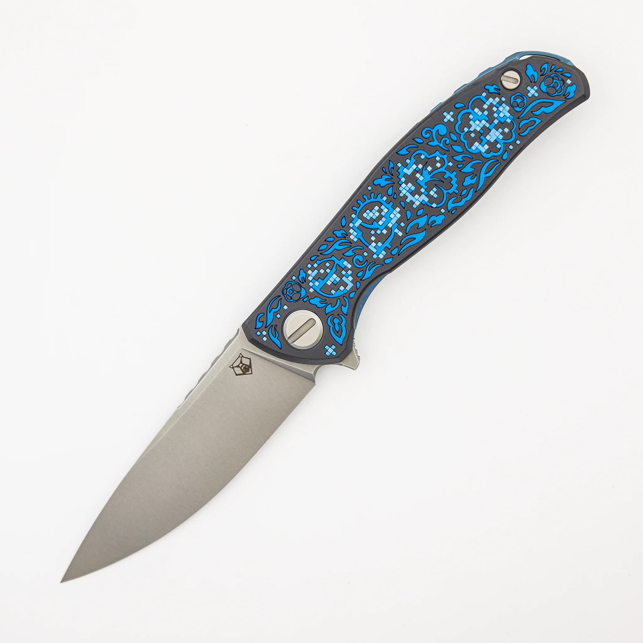 Shirogorov Knives / Ti2 Design F95 Black Hula "Blue Pixelated Flower" - M390 Blade - MRBS - Completed - Image 2