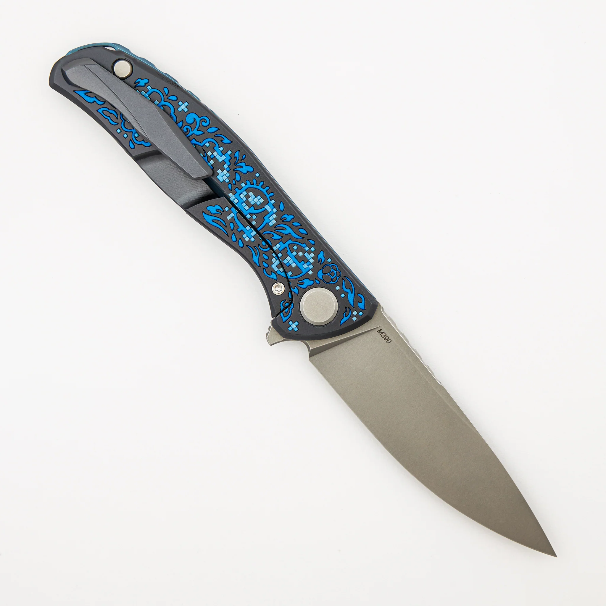 Shirogorov Knives / Ti2 Design F95 Black Hula "Blue Pixelated Flower" - M390 Blade - MRBS - Completed - Image 3