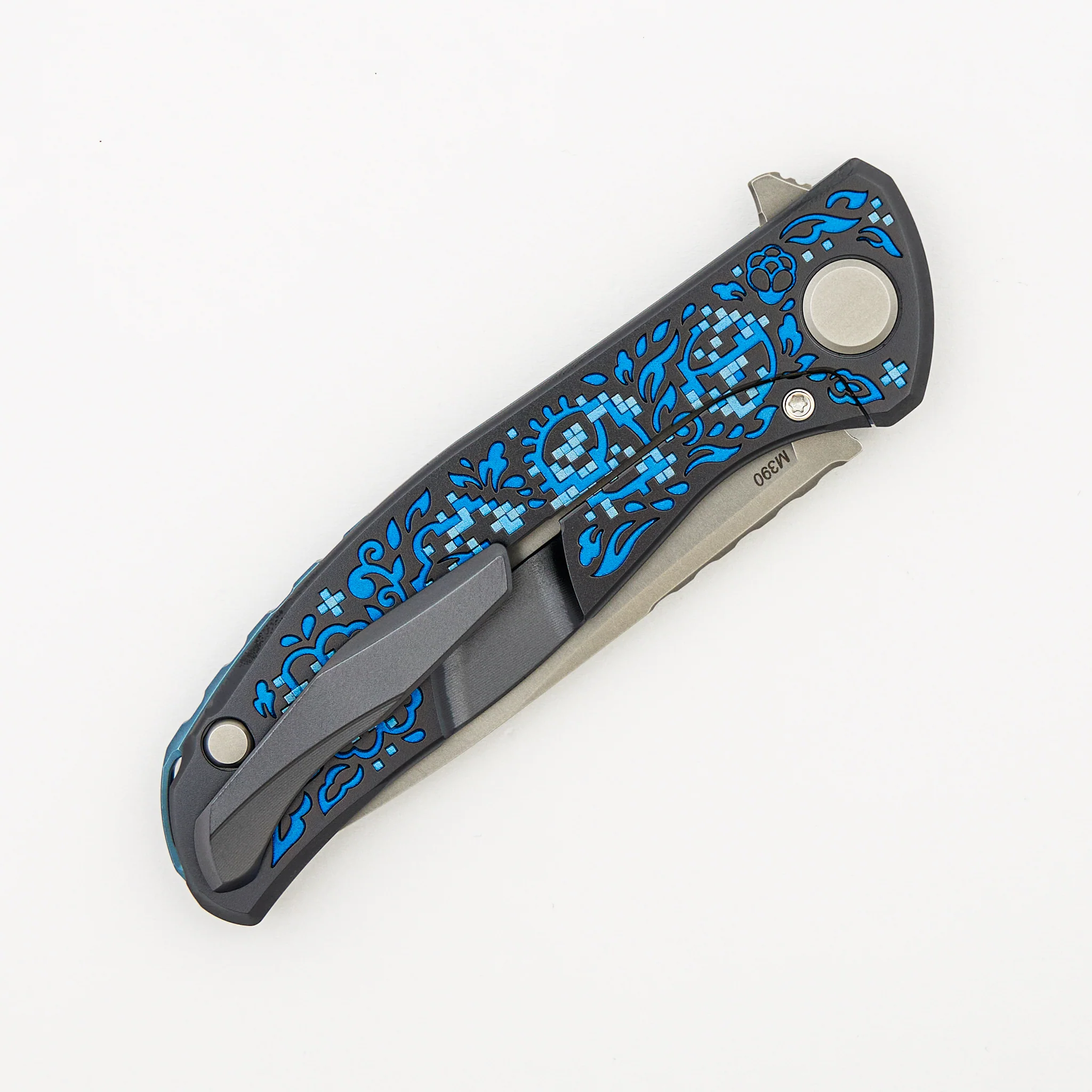 Shirogorov Knives / Ti2 Design F95 Black Hula "Blue Pixelated Flower" - M390 Blade - MRBS - Completed - Image 5