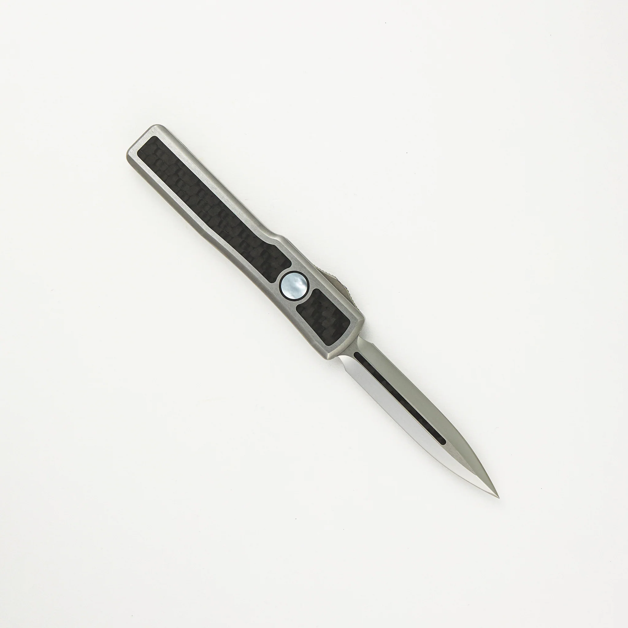 Marfione Custom Knives UTX-70 - D/E Mirror Polish Blade W/ Carbon Fiber Inlay - Stainless Steel Handle W/ Carbon Fiber and Pearl Inlays - Image 2