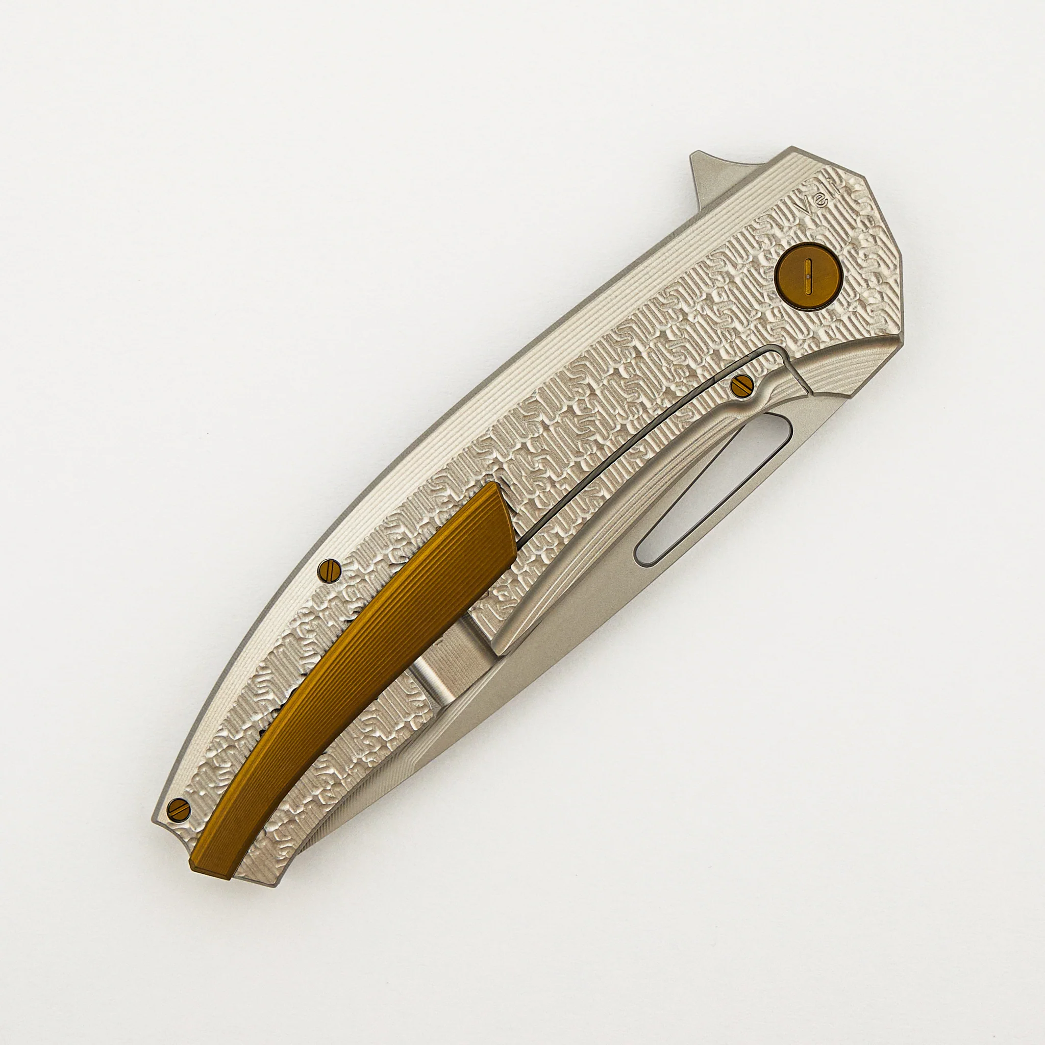 Veli – Blasted Finish Titanium Handle W/ HH Pattern – RWL-34 Blade – Bronze Anodized Titanium Hardware - S/N 476 - Image 4