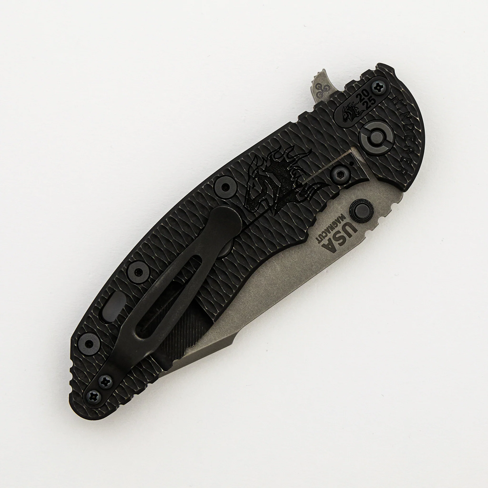 XM-18 3.5" - MagnaCut Harpoon Spanto - Tri-Way - Battle Black - Working Finish - Textured Lockside - Lasered Horsehead - Ti Scale - Black Hardware - Ti Backspacer - 2025 Filler Tab - Image 4