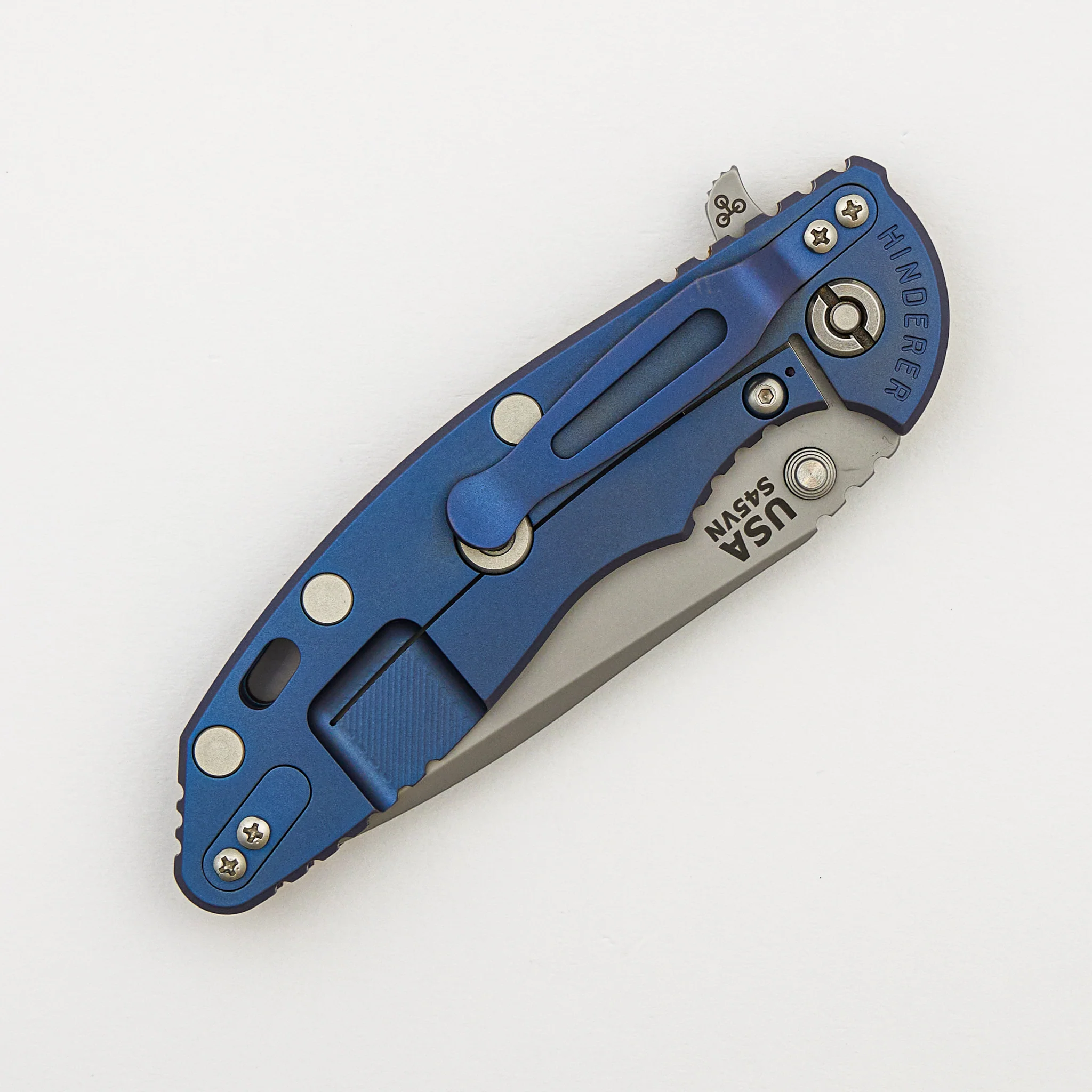 XM-18 3.5" - S45VN Spanto - Tri-Way - Bead Blast Blue - Curly White Oak - Bead Blast Hardware - Image 4